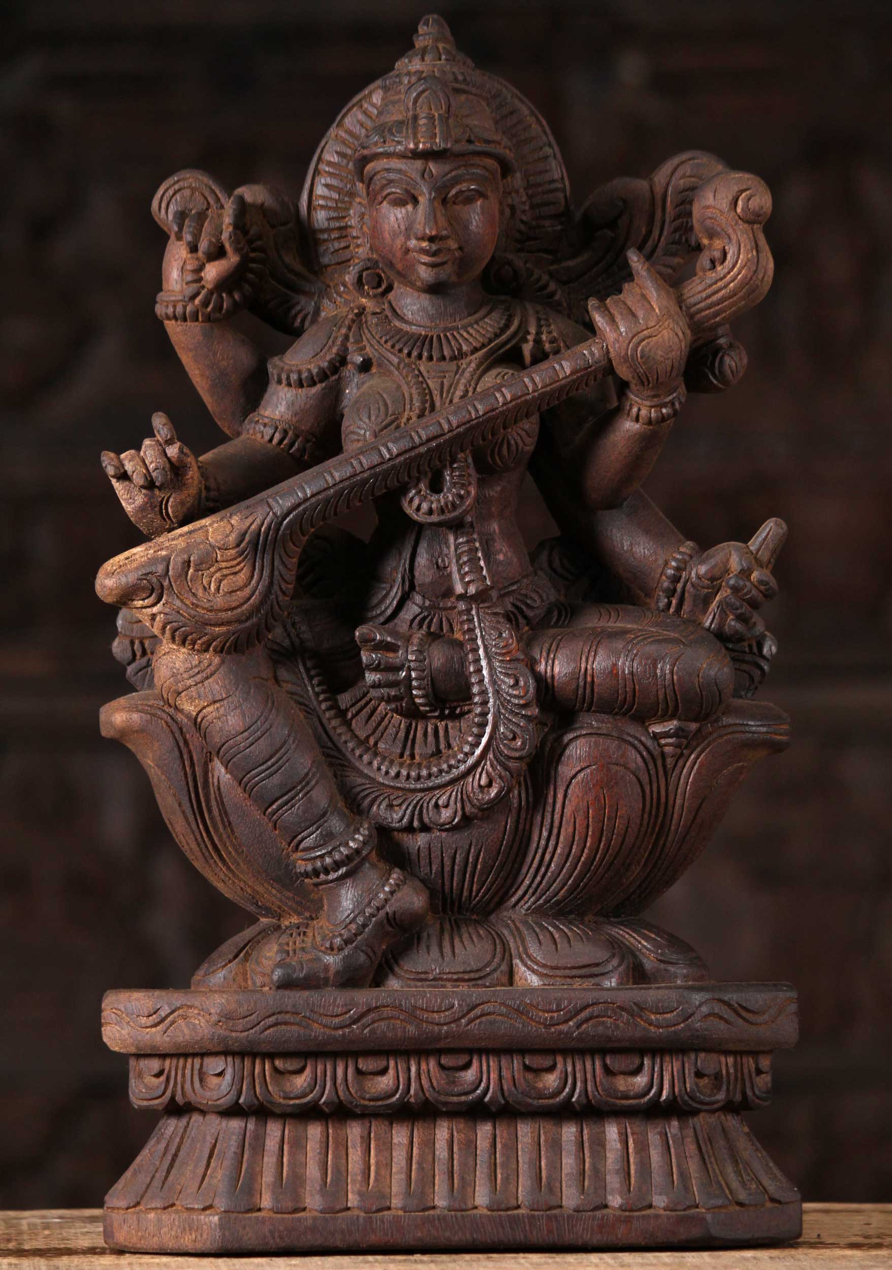 Wood Saraswati Playing Veena Statue 18"