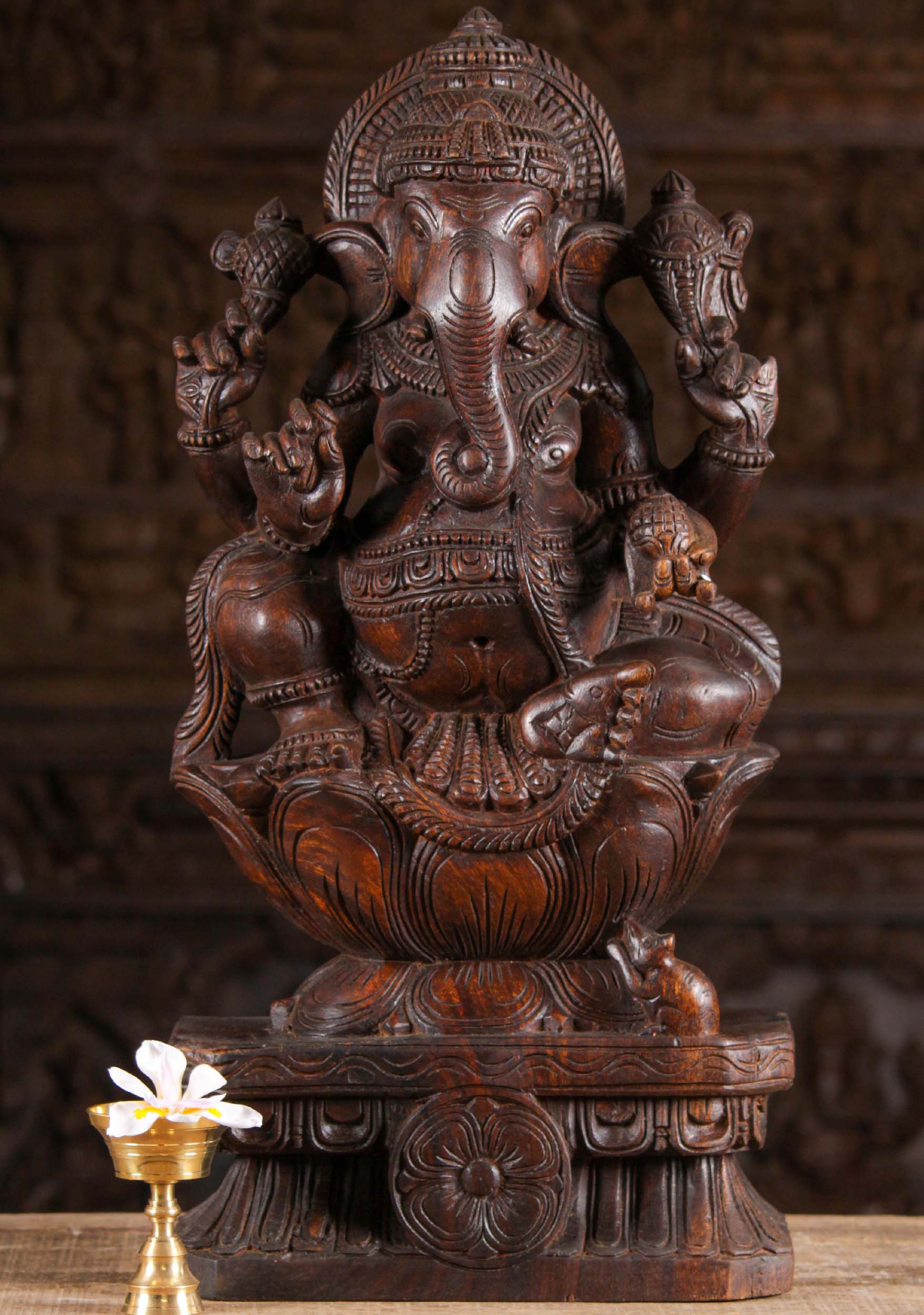 Wood Ganesh Seated on Double Lotus Base 24"