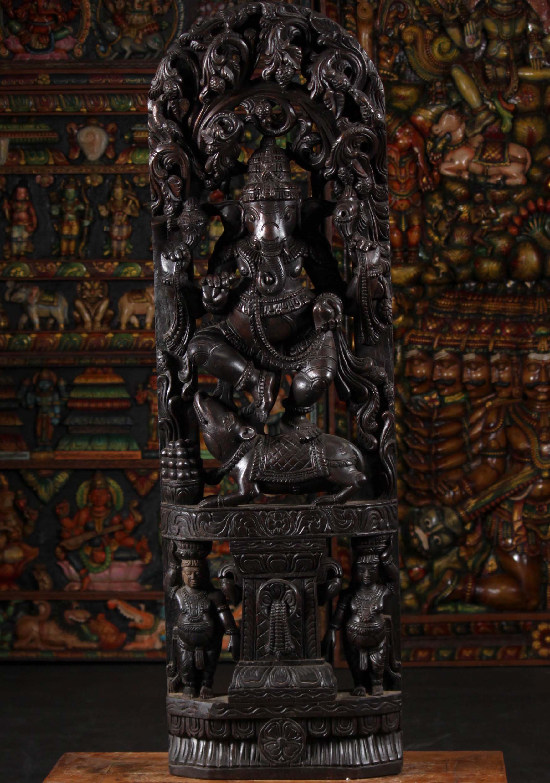 Wood Seated Ganesh with Rat Beneath Canopy 48"