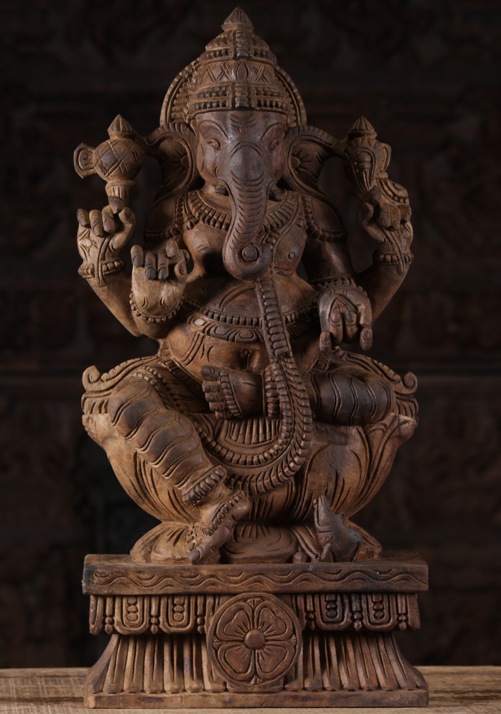 Seated Wood Ganesha Sculpture  24"