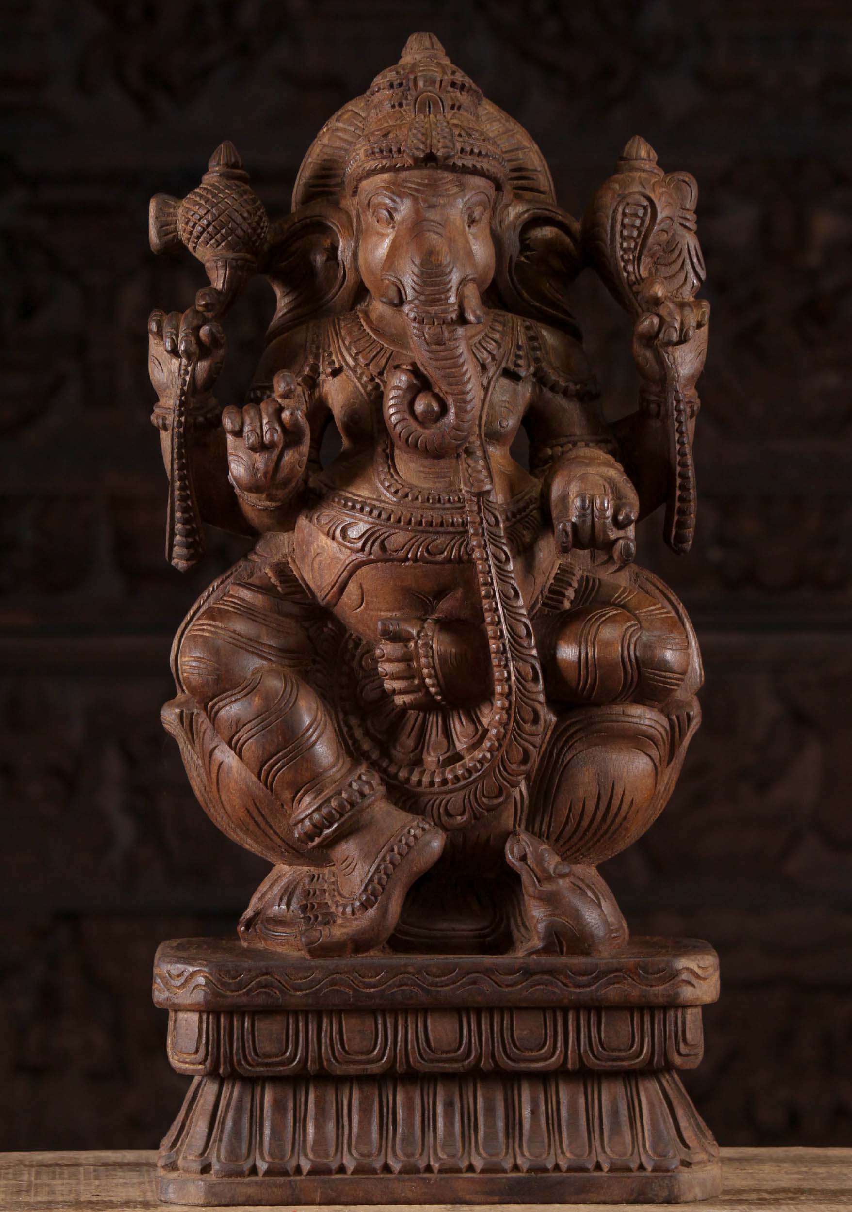 Wooden Seated Ganesha Sculpture with Rat 24"