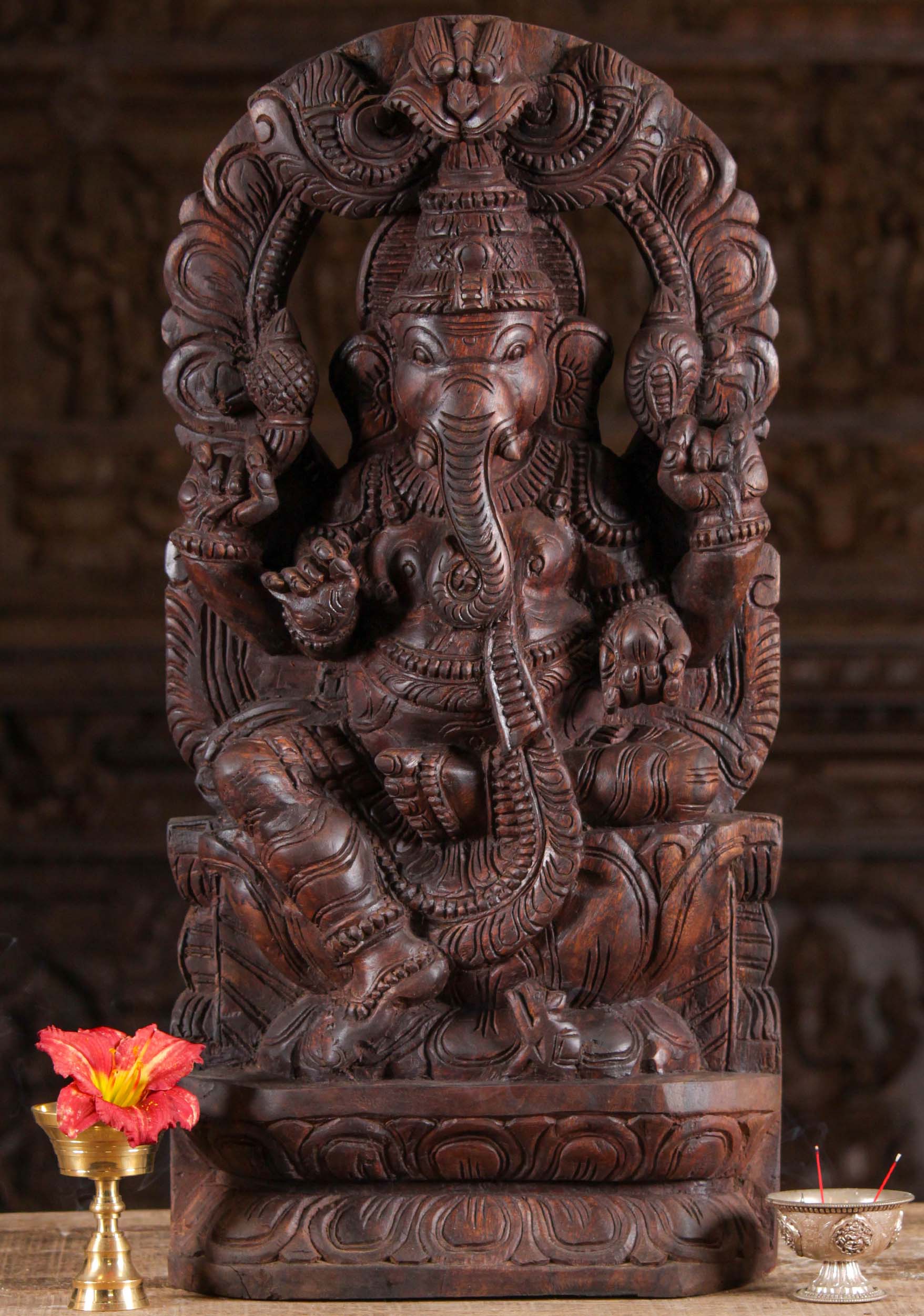 Wooden Ganesh Statue Seated Under Arch 24"