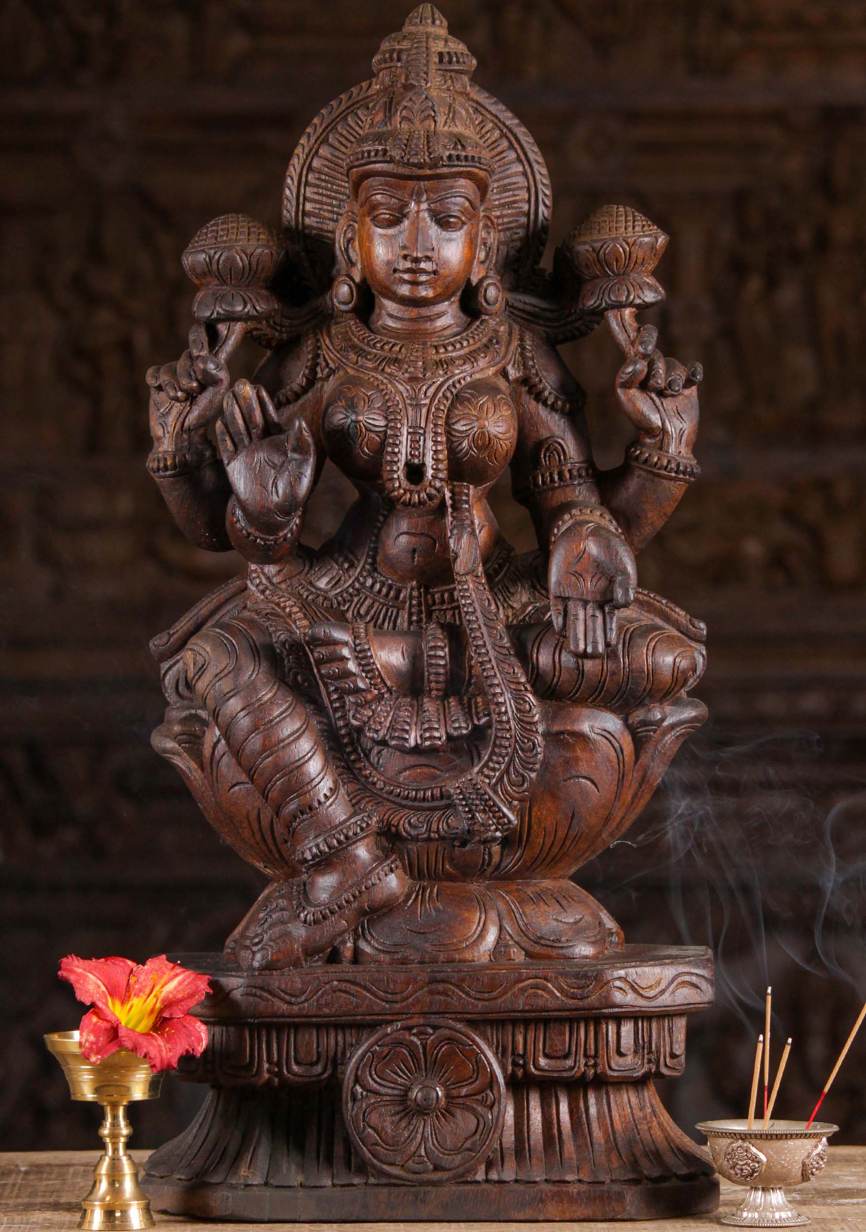 Wood Seated Abhaya Mudra Lakshmi Statue 24"