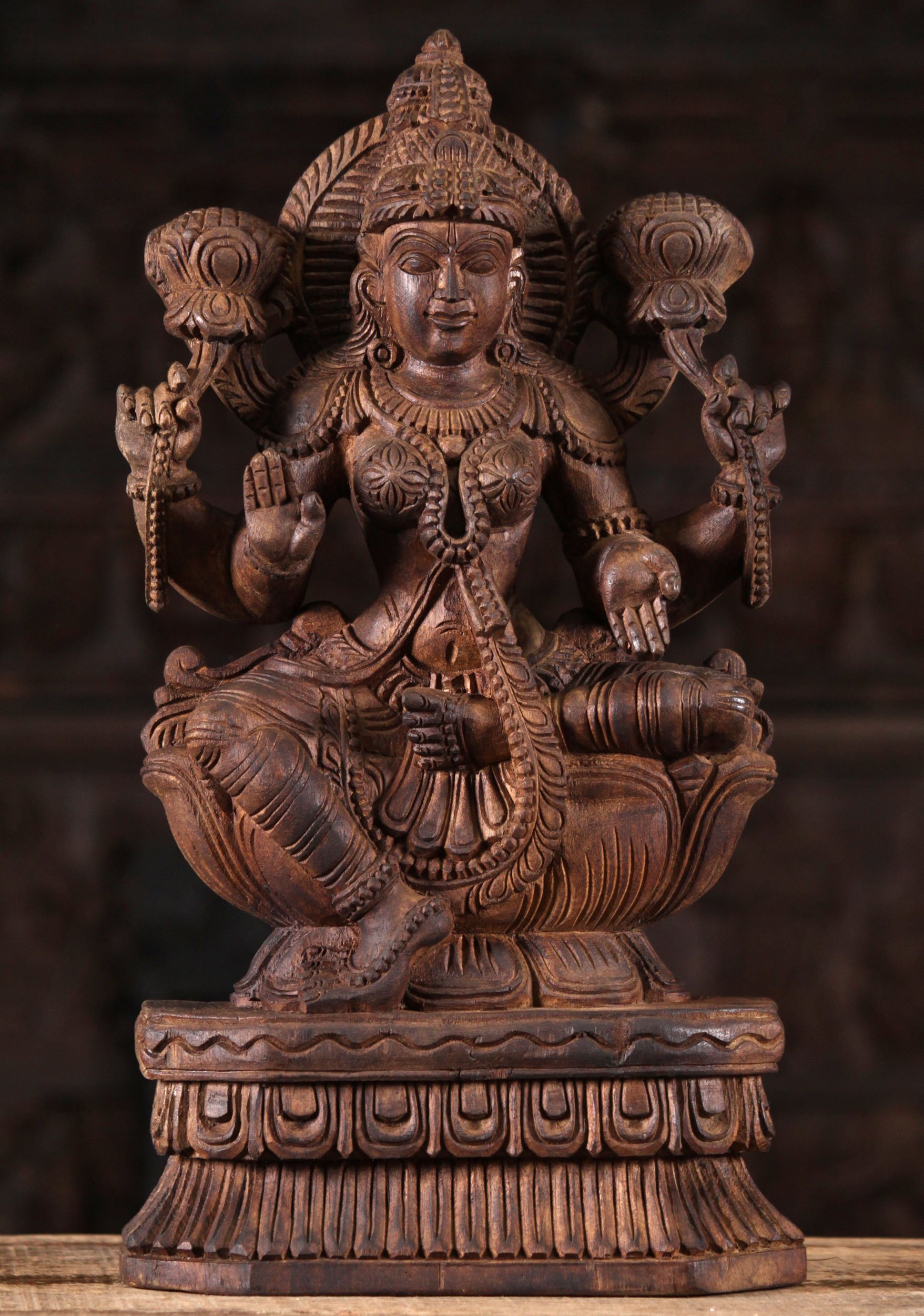 Wood Seated Lotus Flower Lakshmi Statue 18"