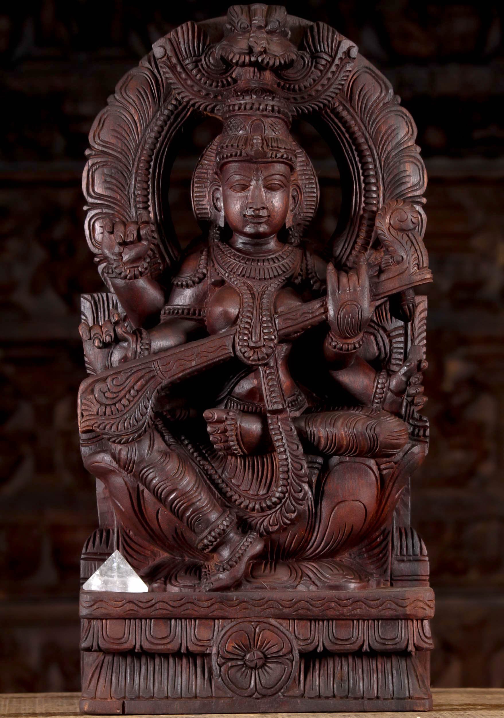 Wood Seated Saraswati Statue Playing Veena 24"