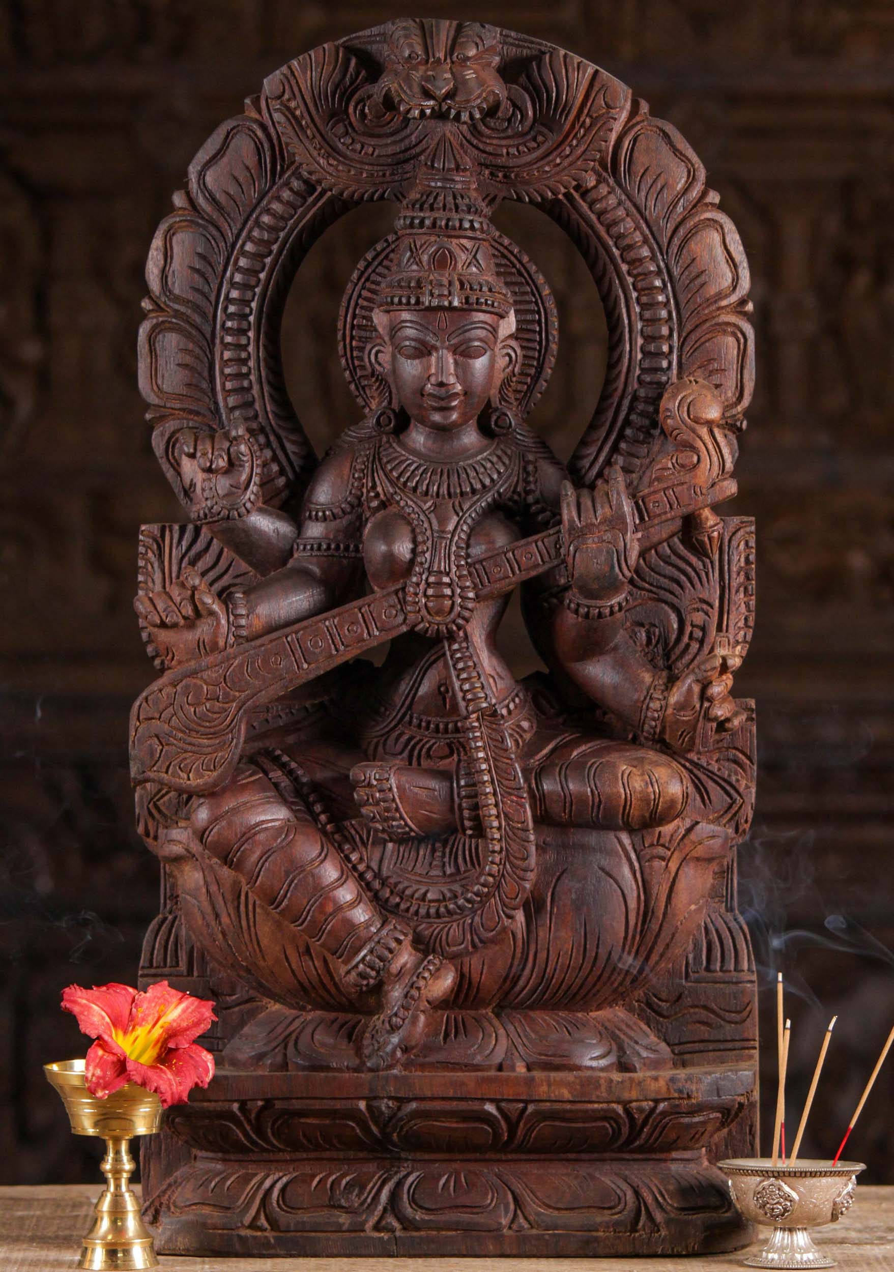 Wood Saraswati Statue Seated Under Arch 24"