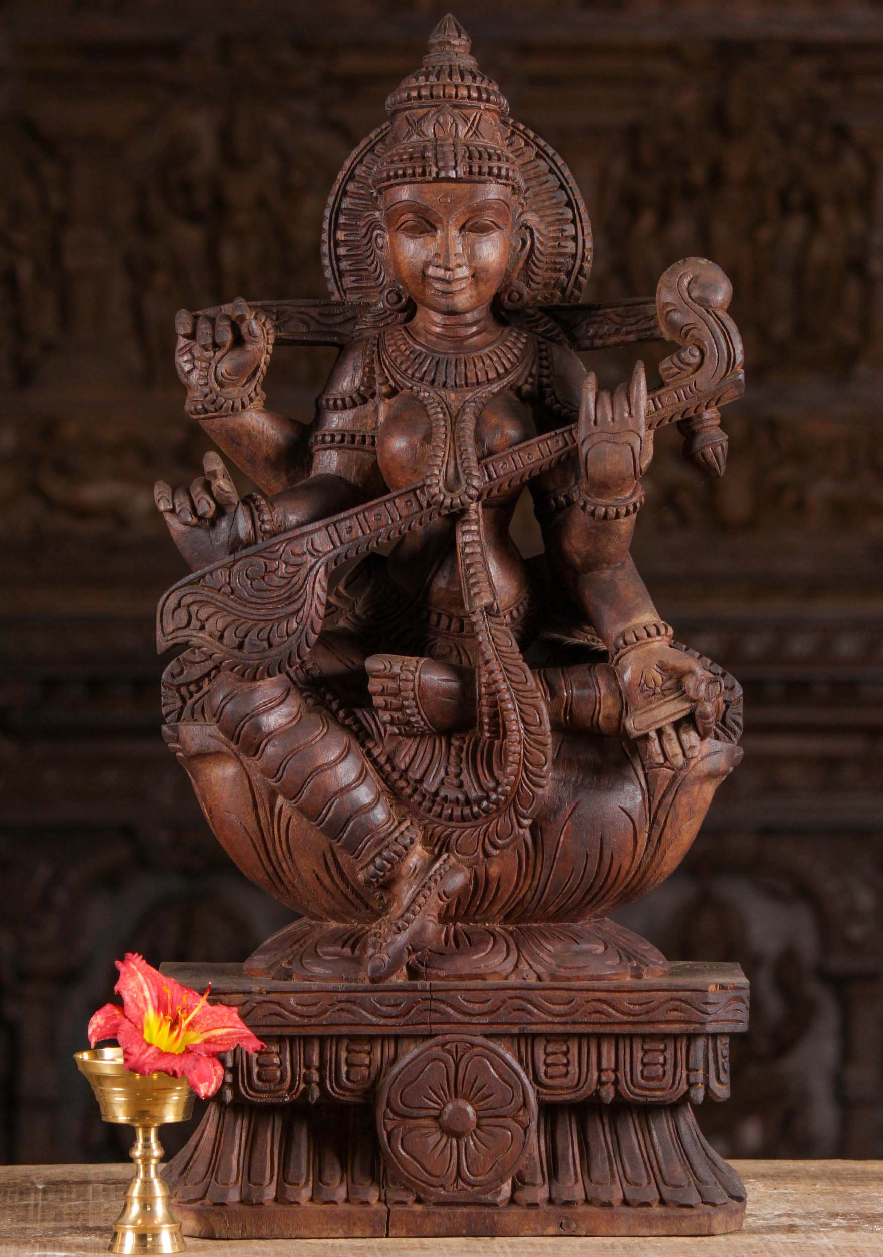 Wood Seated Saraswati Statue with Veena 24"