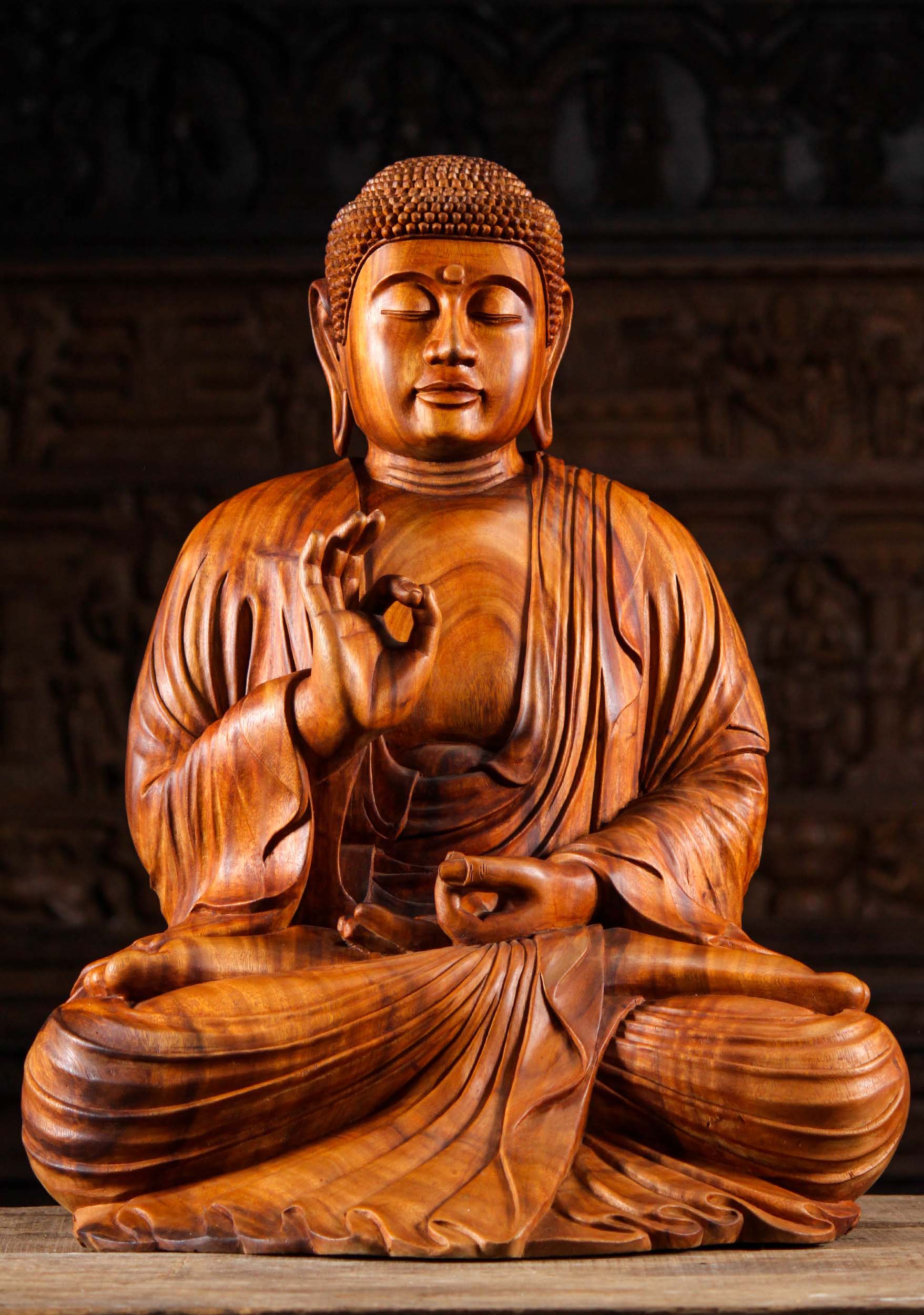 SOLD Wood Seated Vitarka Mudra Buddha 27.5