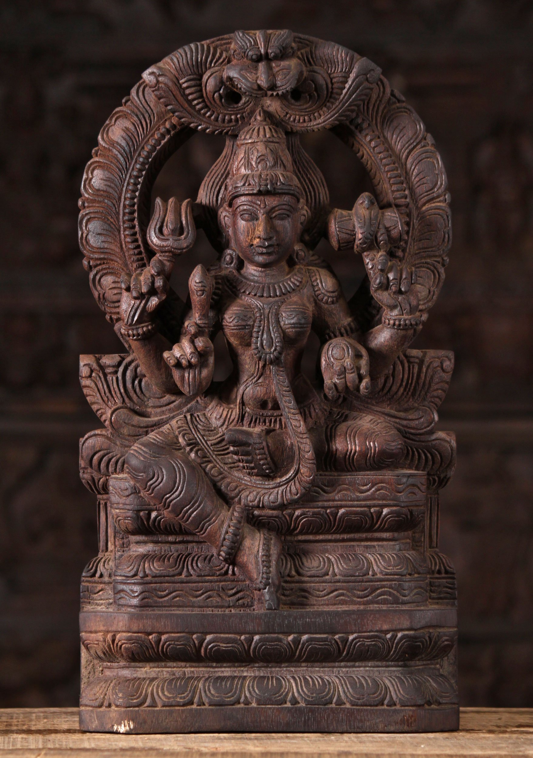 Wood Shakti Mariamman Seated Beneath Arch 18"