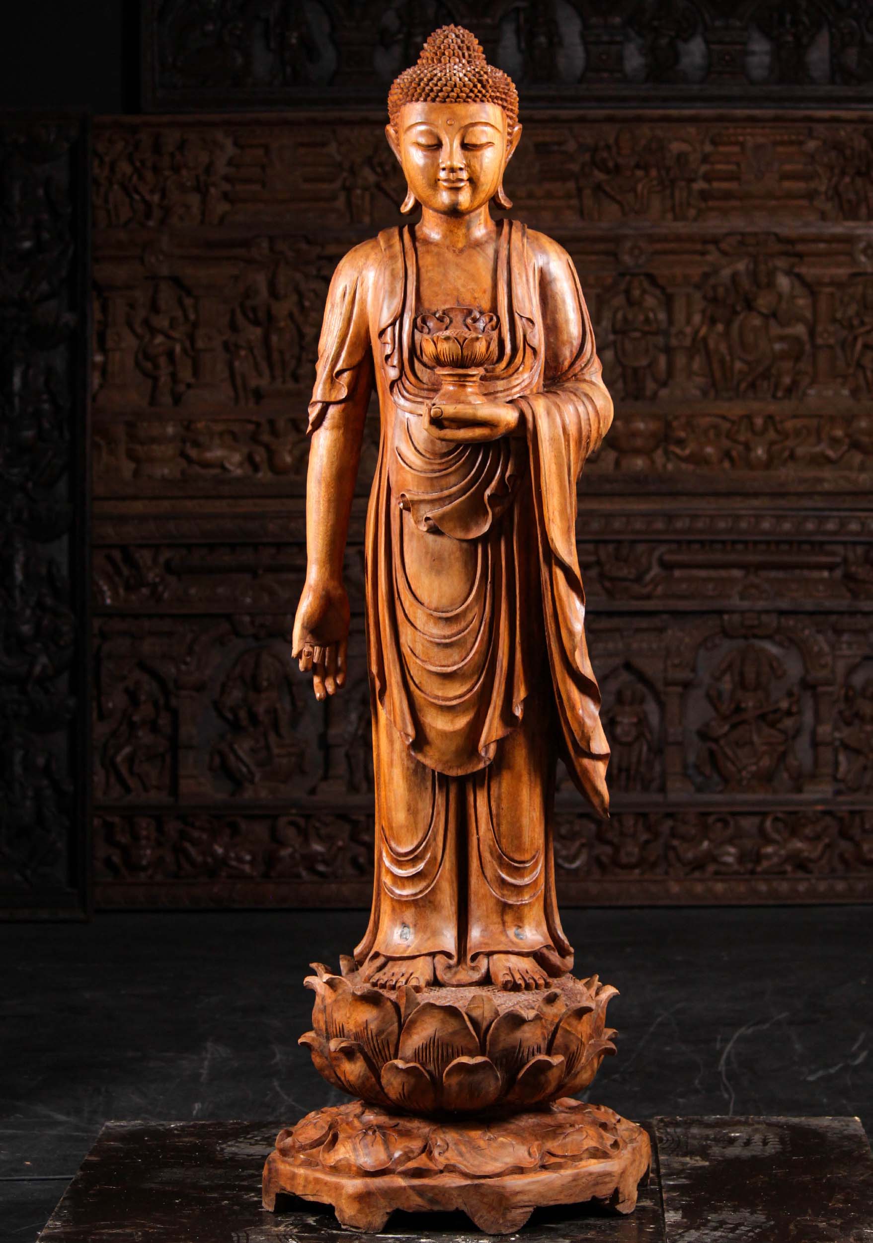 Wood Standing Buddha Holding Lotus Flower 61"