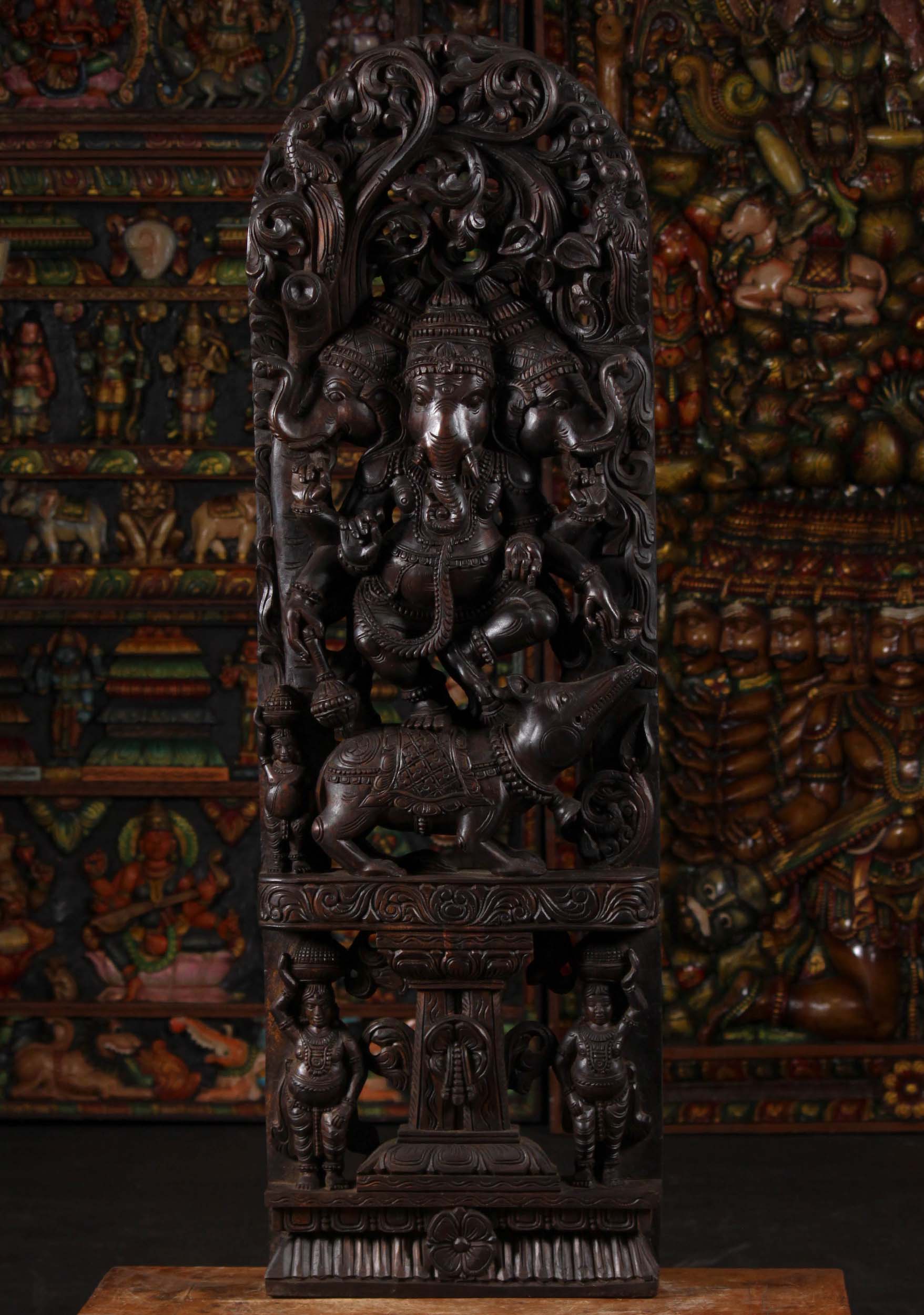 Dark Wood Tri Muhkthi Ganapathi Sculpture 48"