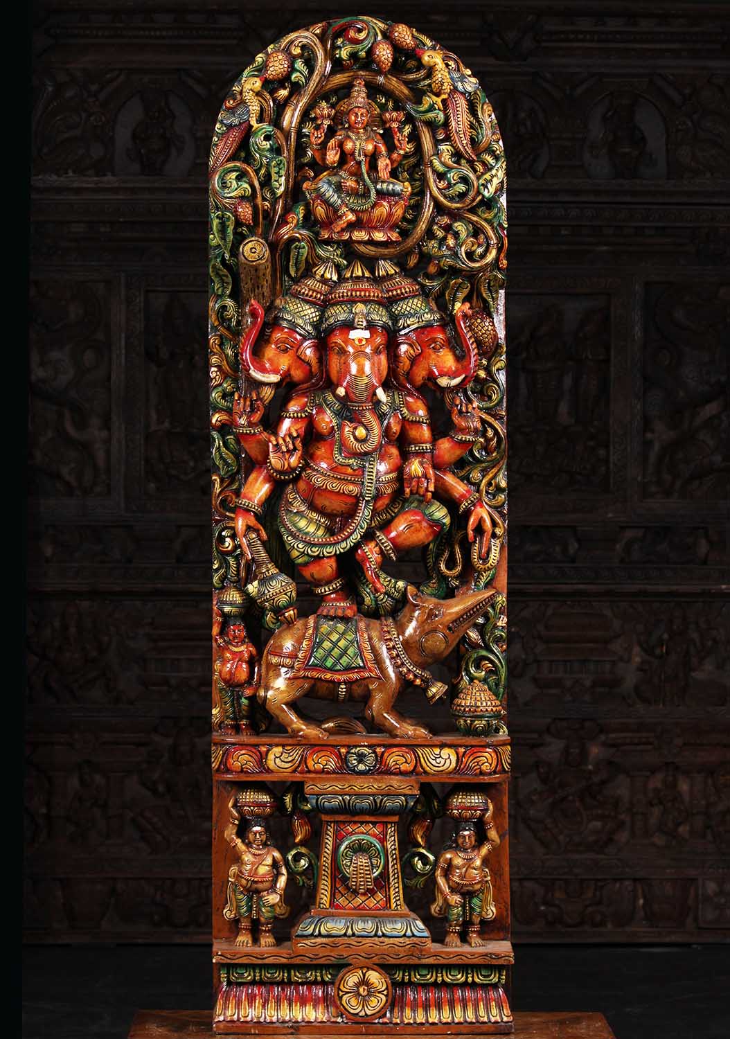 Wood Tri Mukthi Ganapathi Dancing on Rat 60"