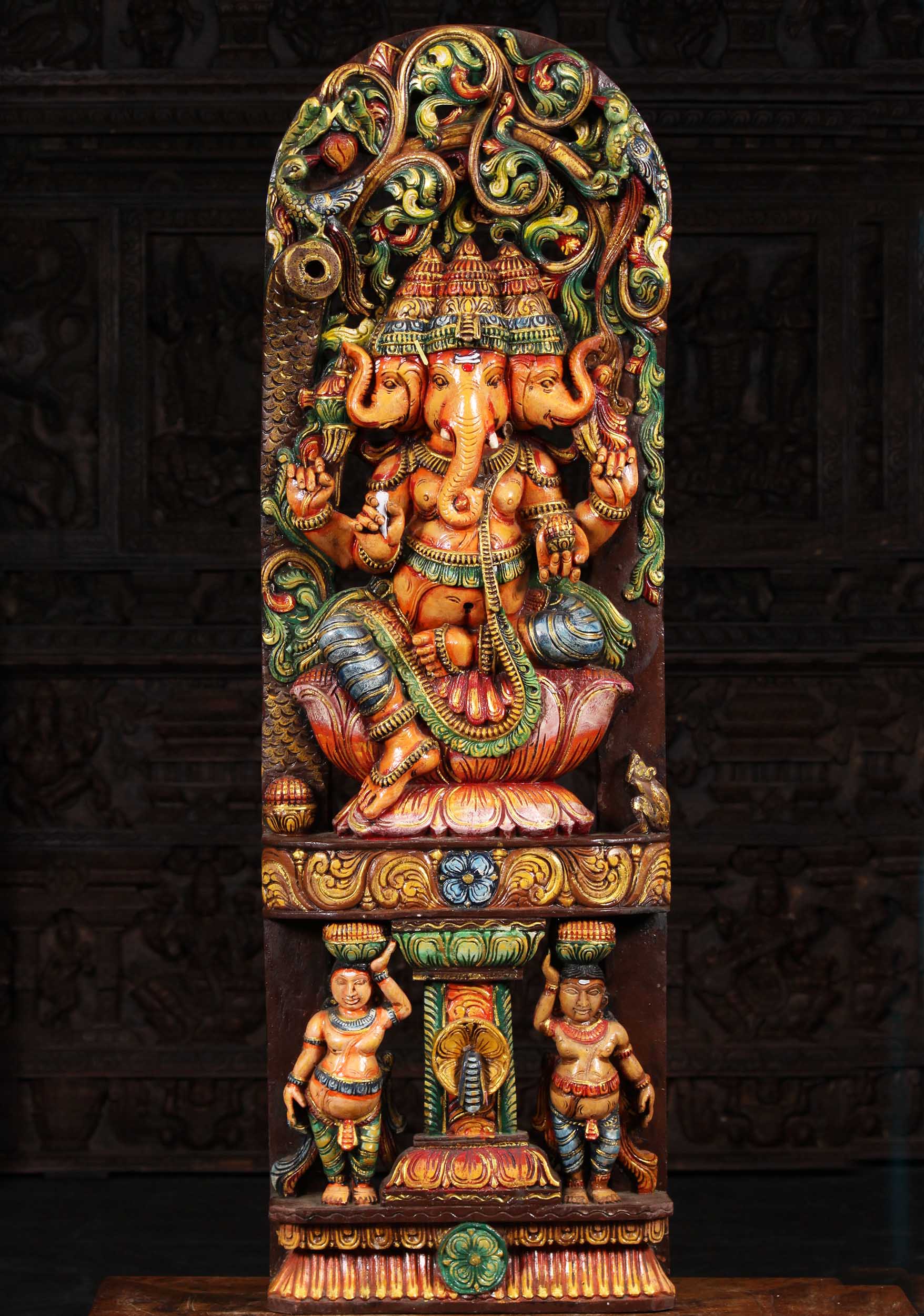 Wood Tri Mukthi Ganapathi Sculpture on Lotus Base with 2 Dwarf Gana Carrying Offerings 48"