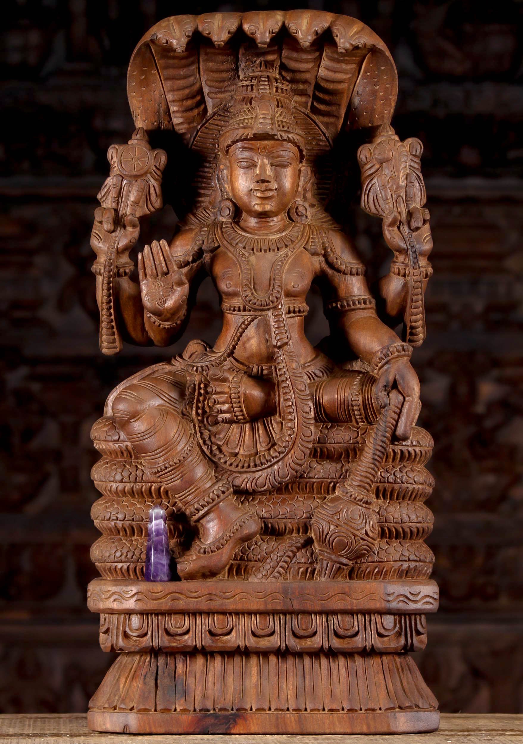 Wood Vishnu with Shesha and Club 24"