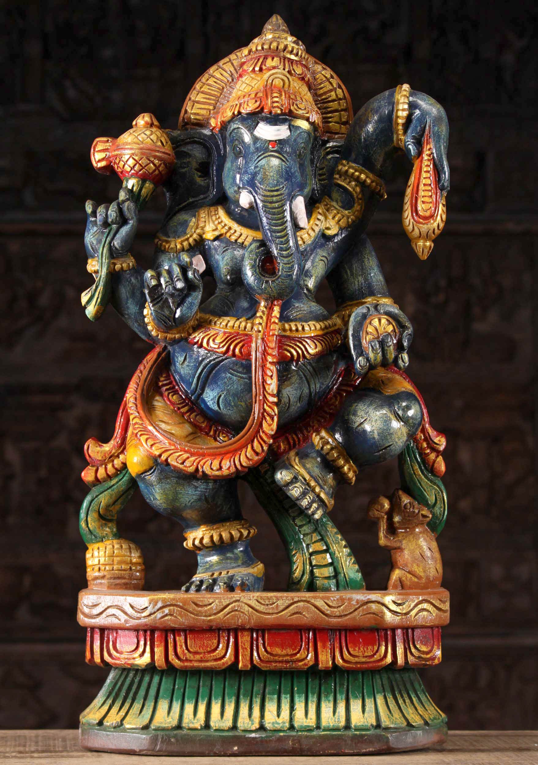 SOLD Wooden Blue Dancing Ganesha Statue 24" (#96w1s): Hindu Gods