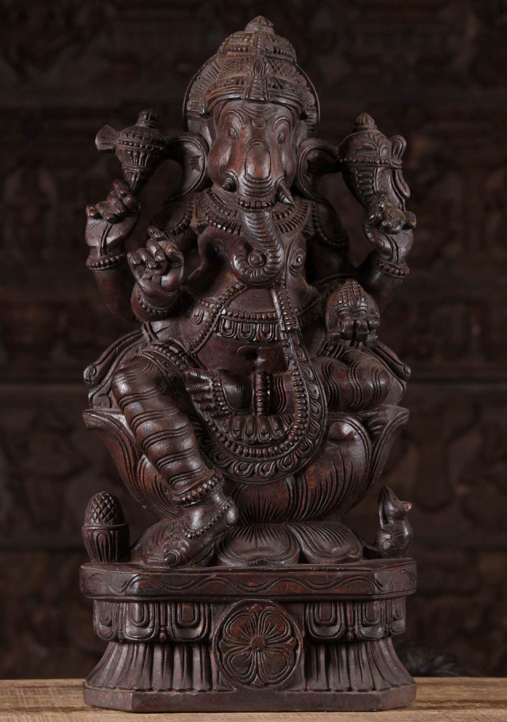 Wooden Dark Wood Ganesha with Ladoos 24"