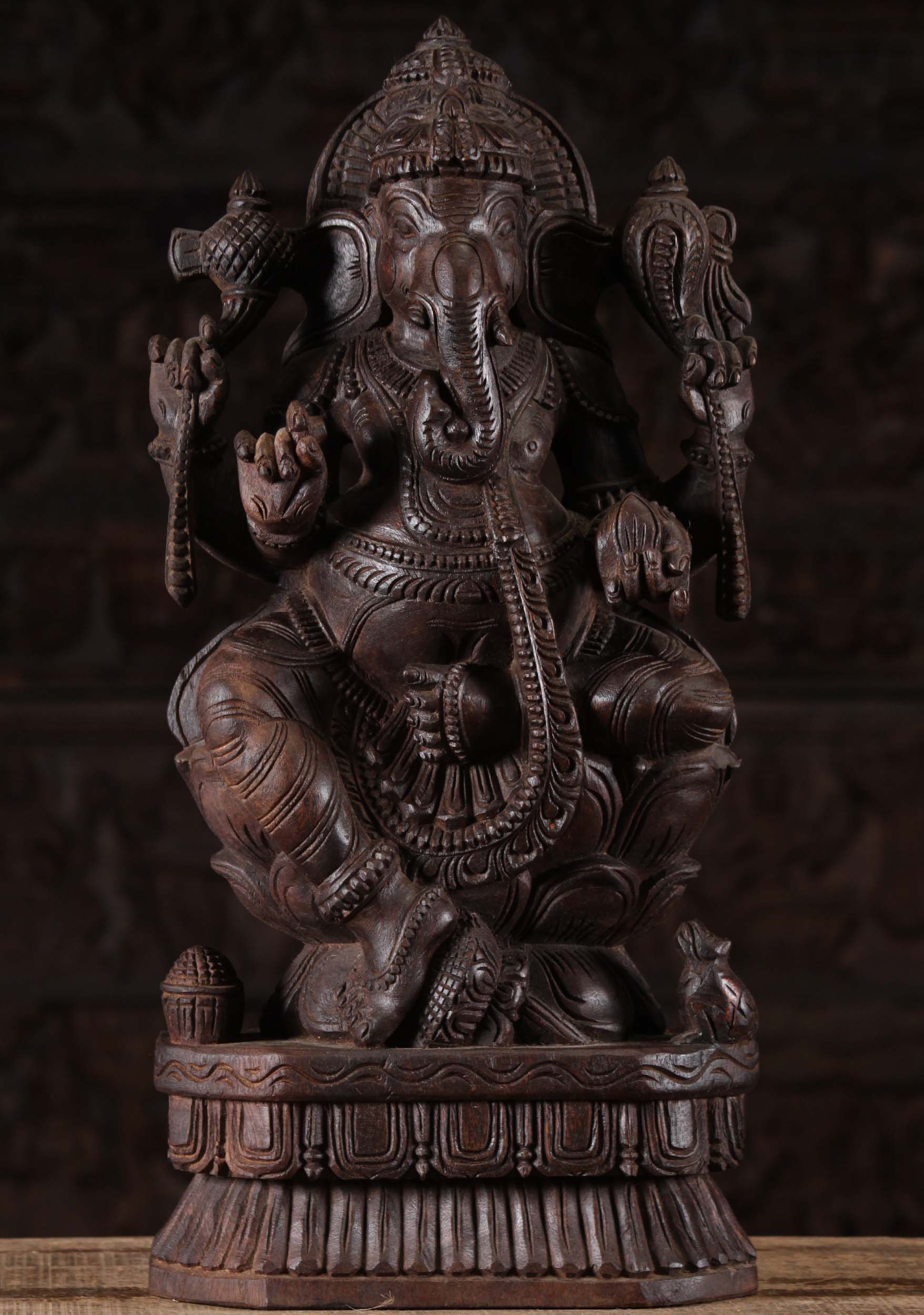 Dark Wooden Seated Ganapathi Sculpture 24"