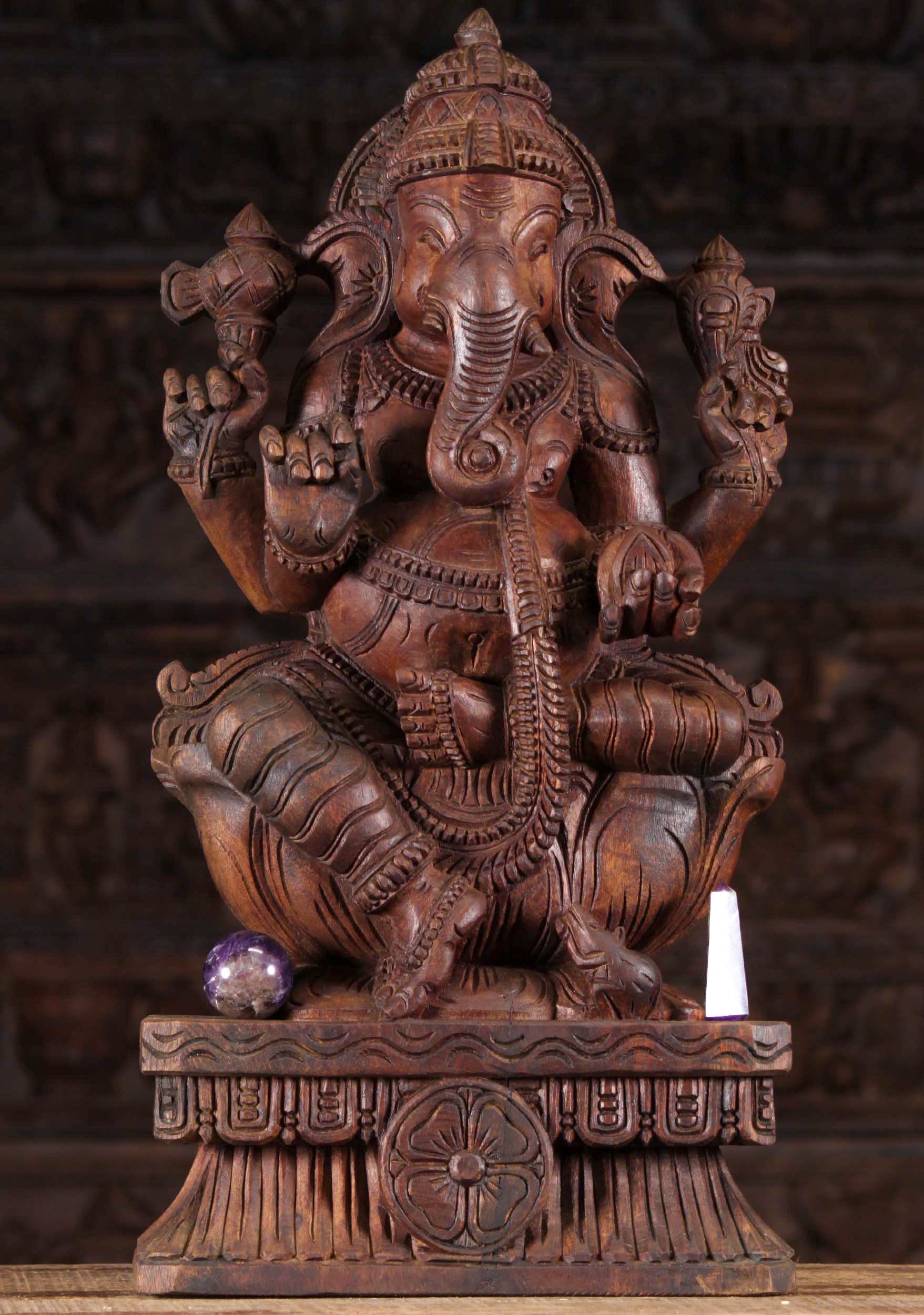 Wooden Ganapathi Seated Statue with Rat 24"