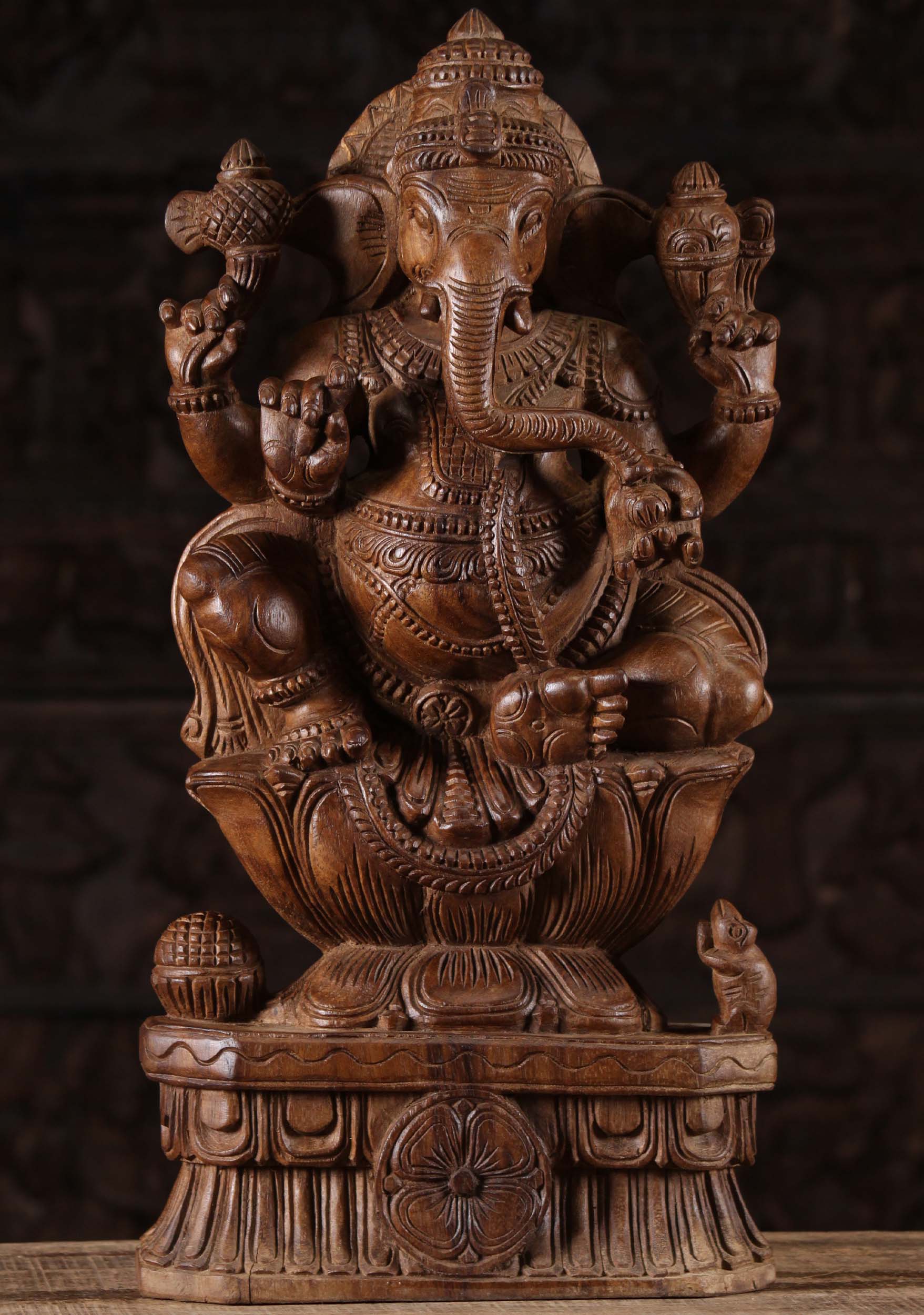 Wooden Ganesh Perched on Lotus Base 24"