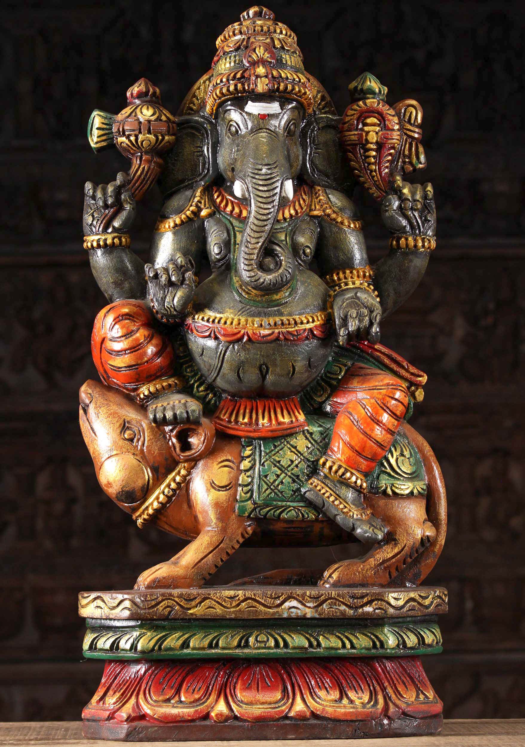 Wooden Ganesh Statue Riding Rat Mooshika 24"