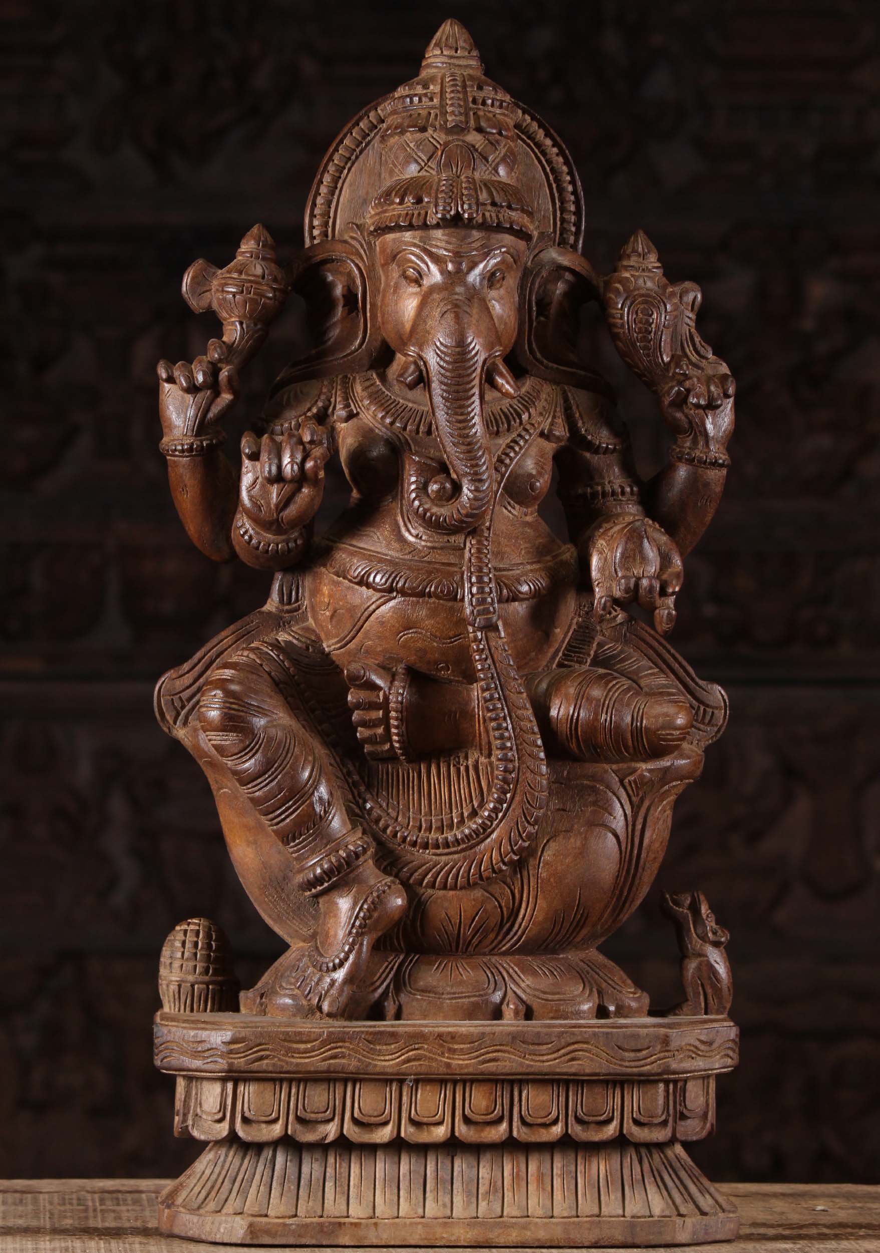 Wood Ganesh Seated on Lotus Base with Rat 24"