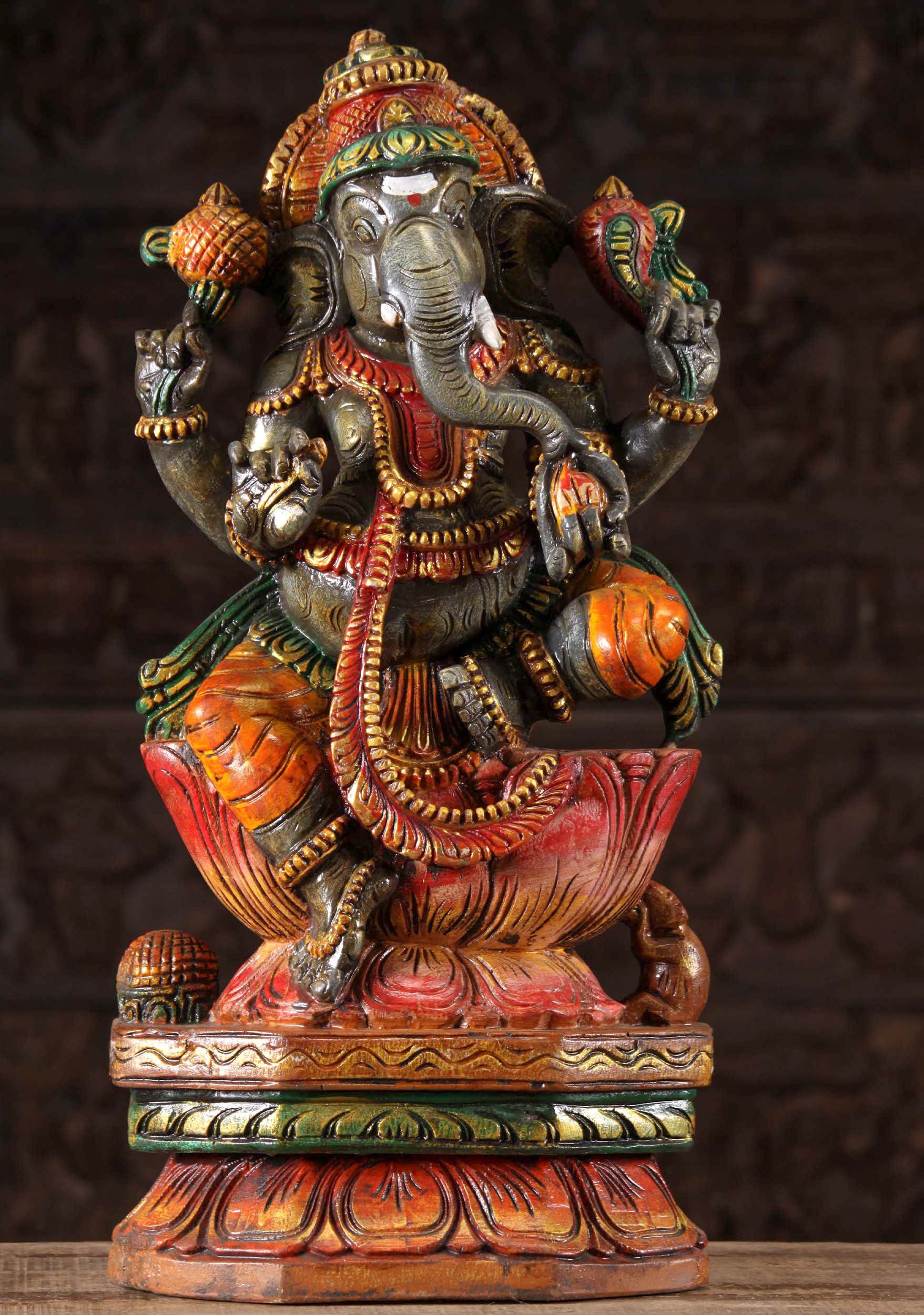 Wooden Ganesh Statue with Left Facing Trunk 24"