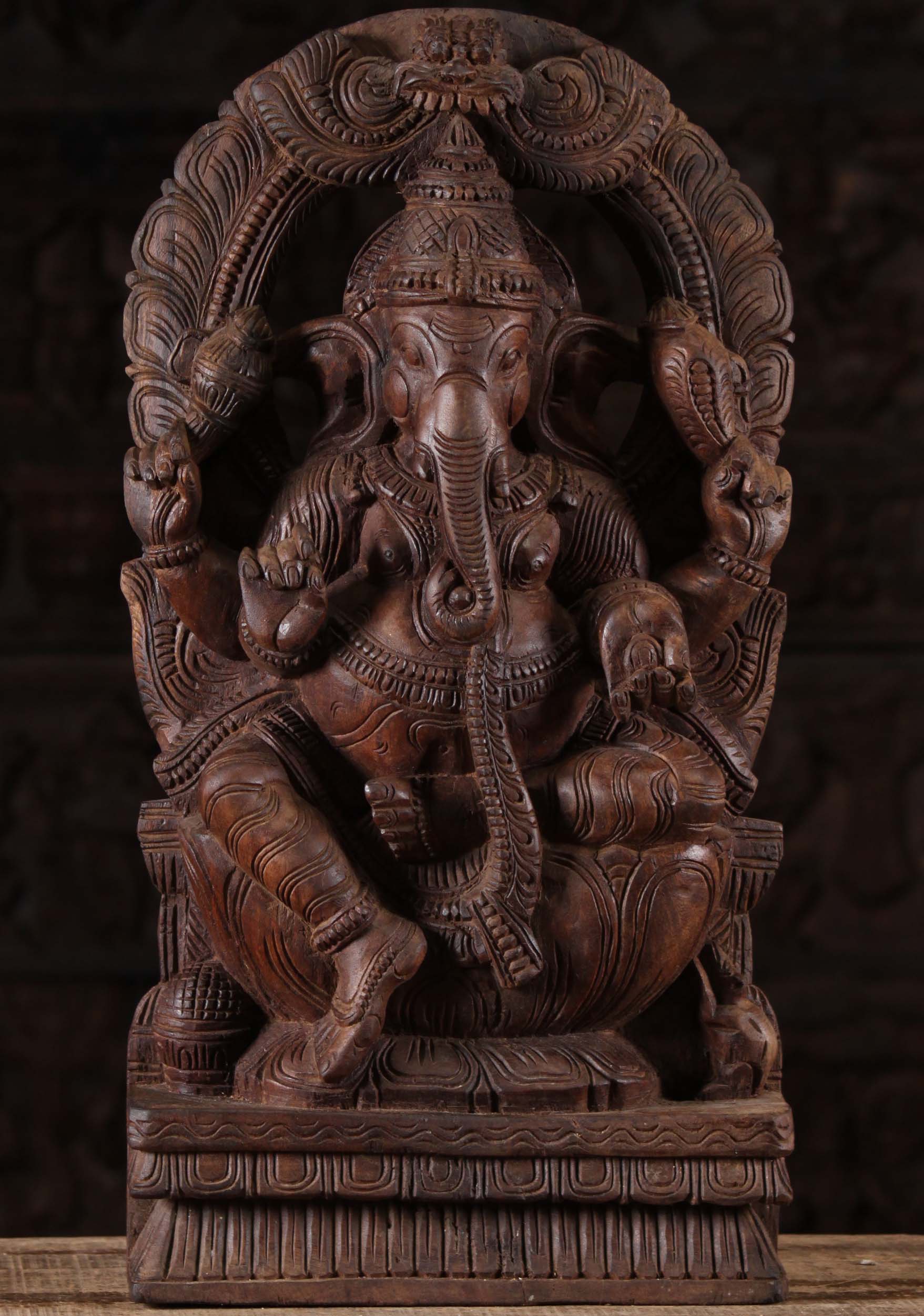 Wooden Ganesh with Arch Sculpture 24"