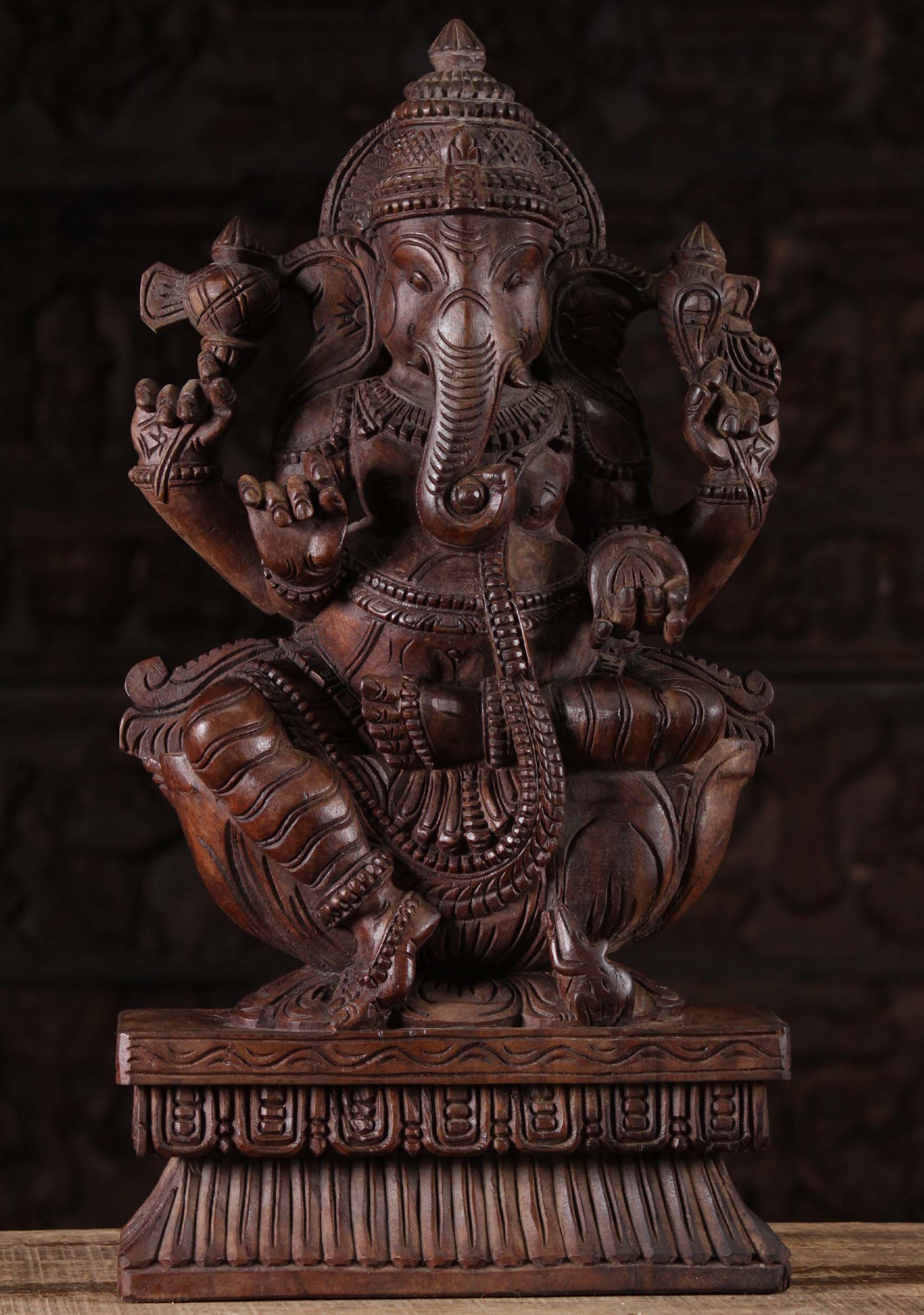 Wood Ganesha Holding Broken Tusk Statue 24"