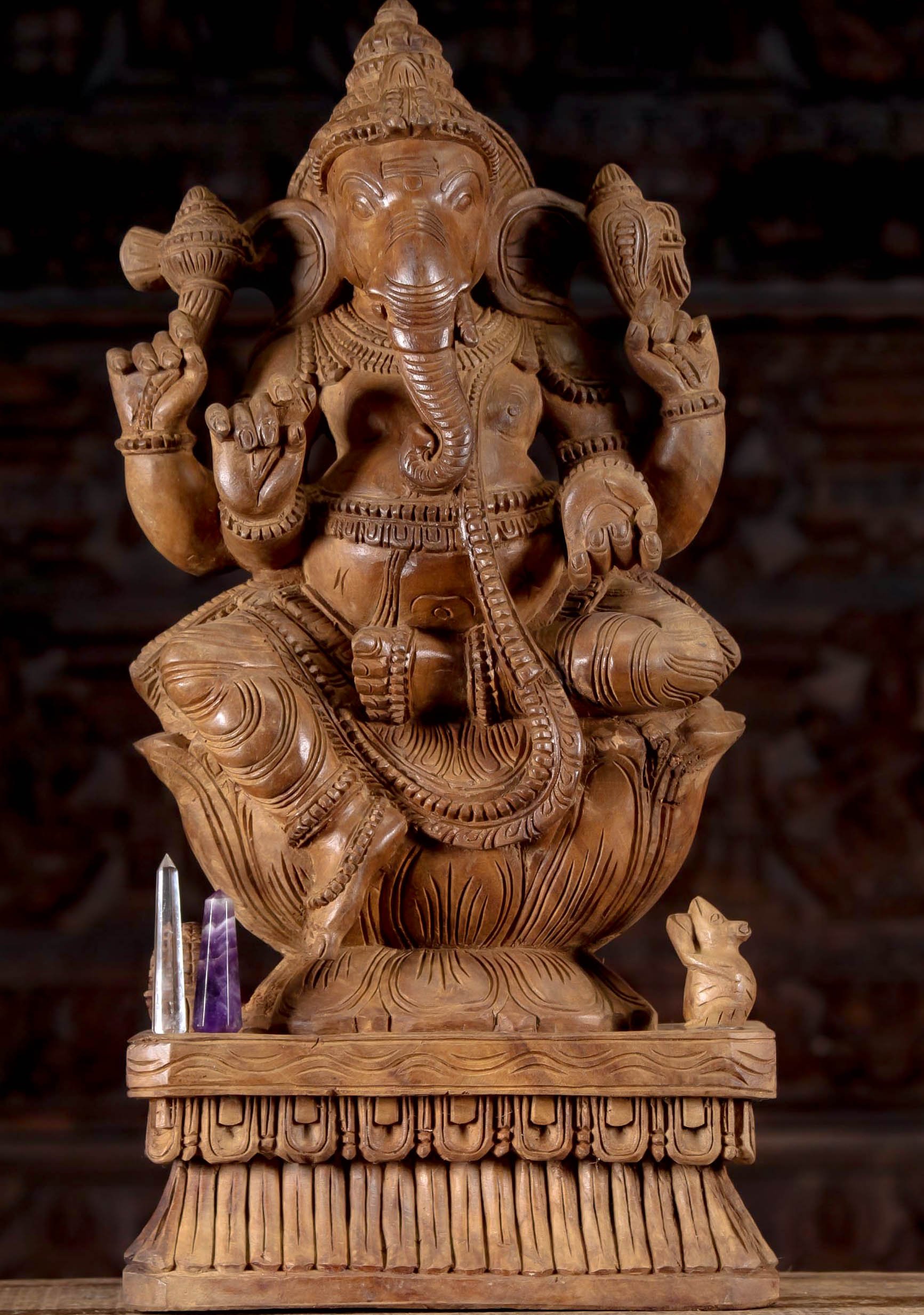 Wooden Ganesha with Rat Statue 24"