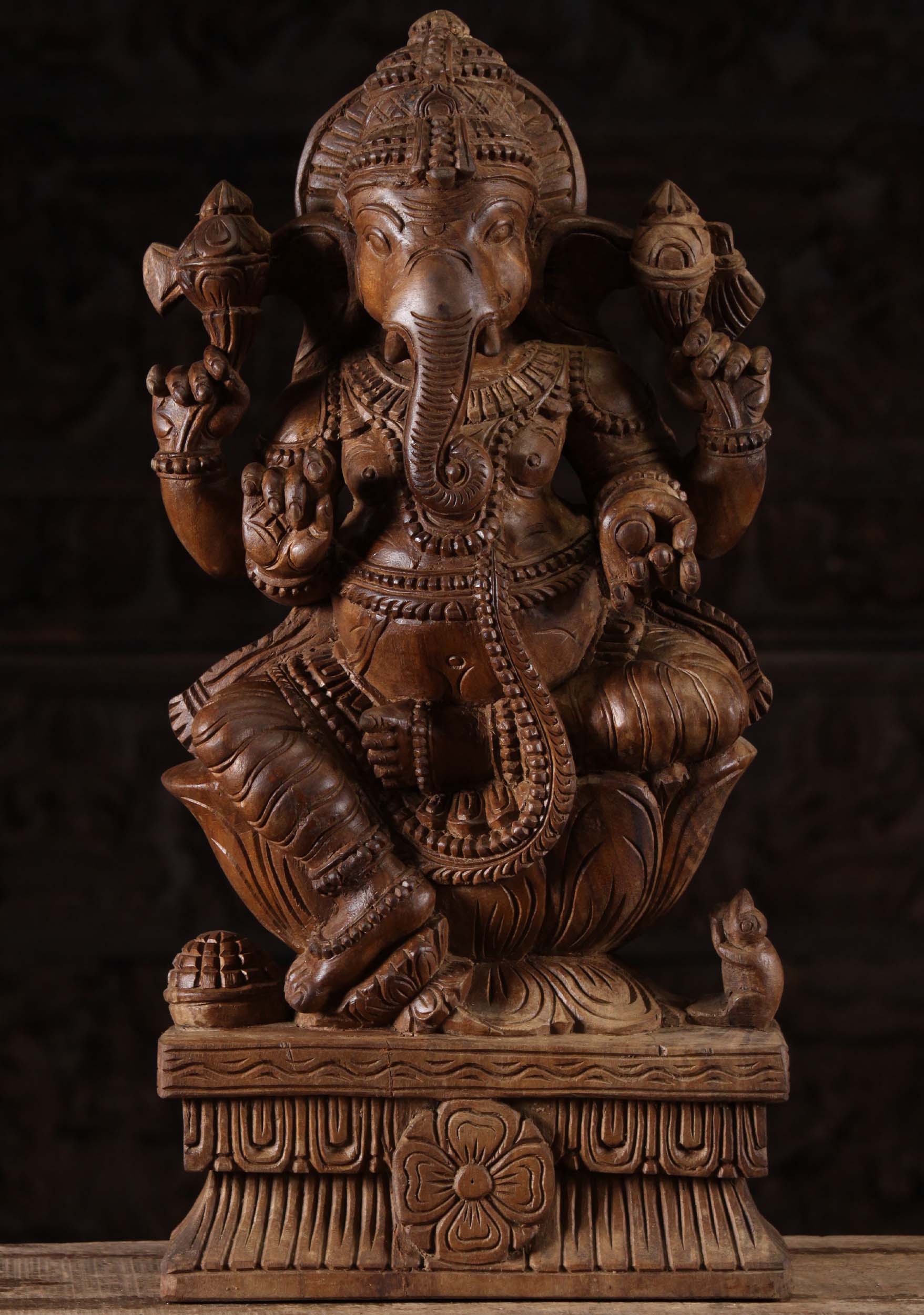 Wooden Seated Ganesh Sculpture with Rat 24"