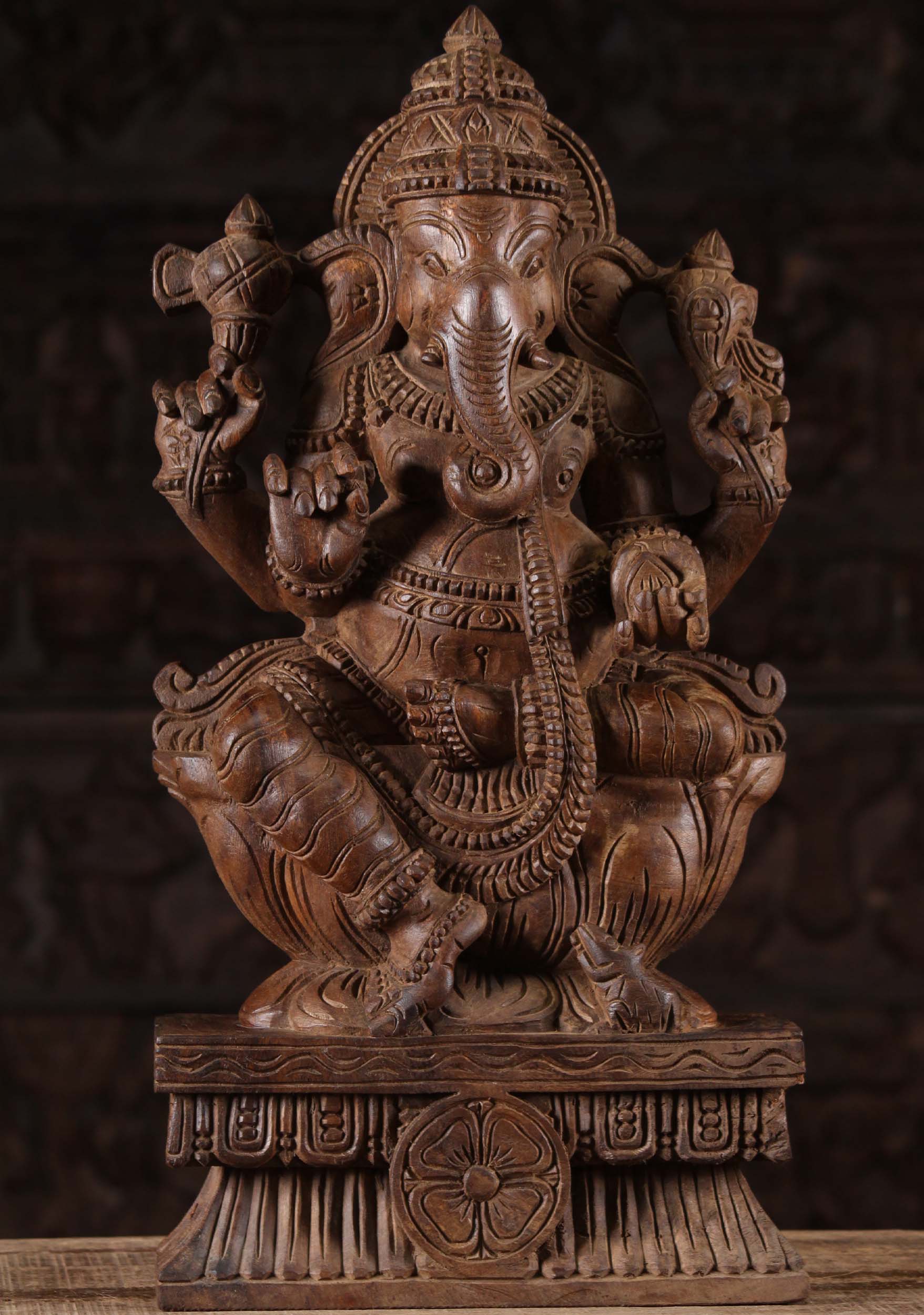 Wooden Seated Ganesha Sculpture 24"