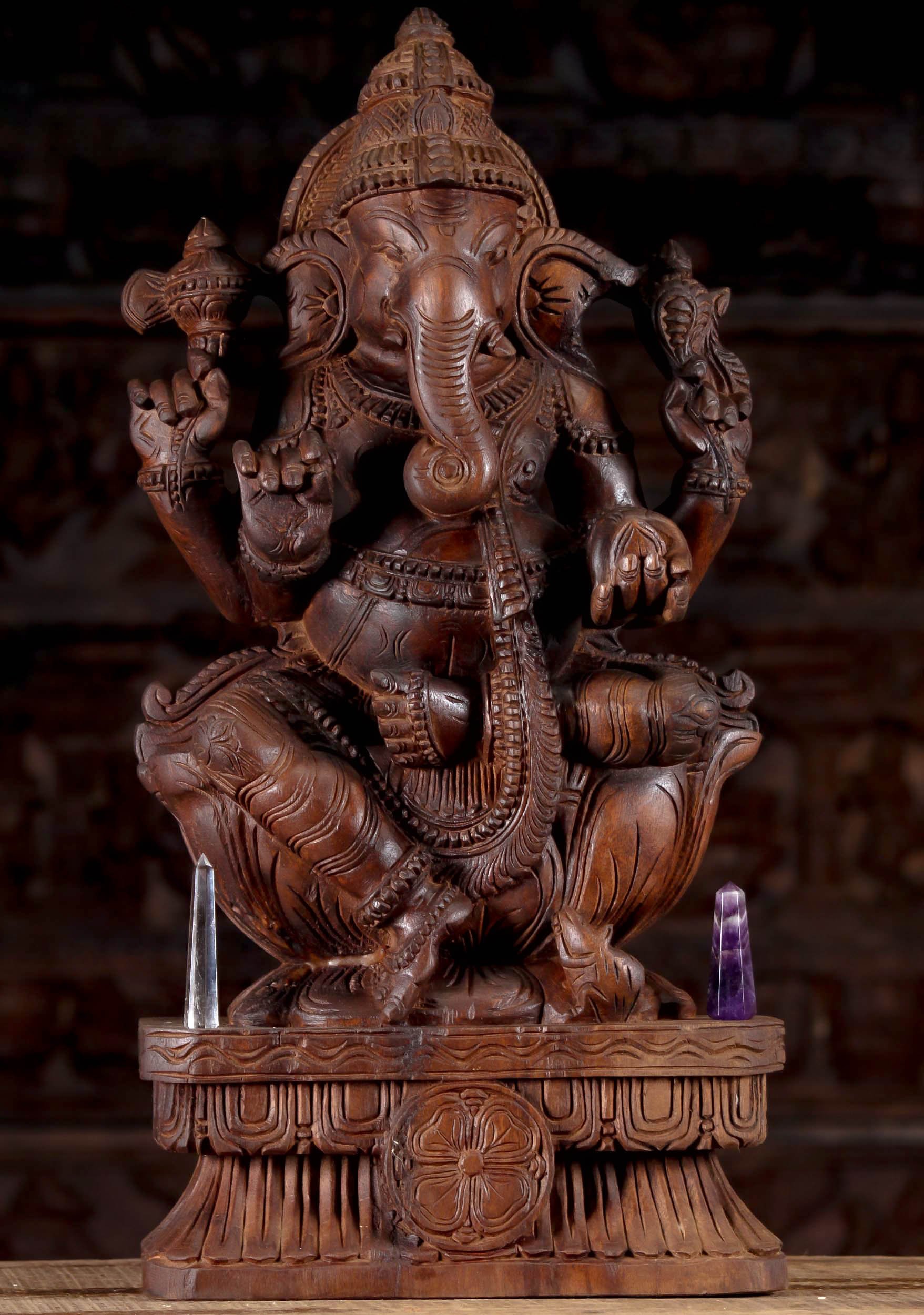 Wooden Ganesha Seated on Lotus Base 24"