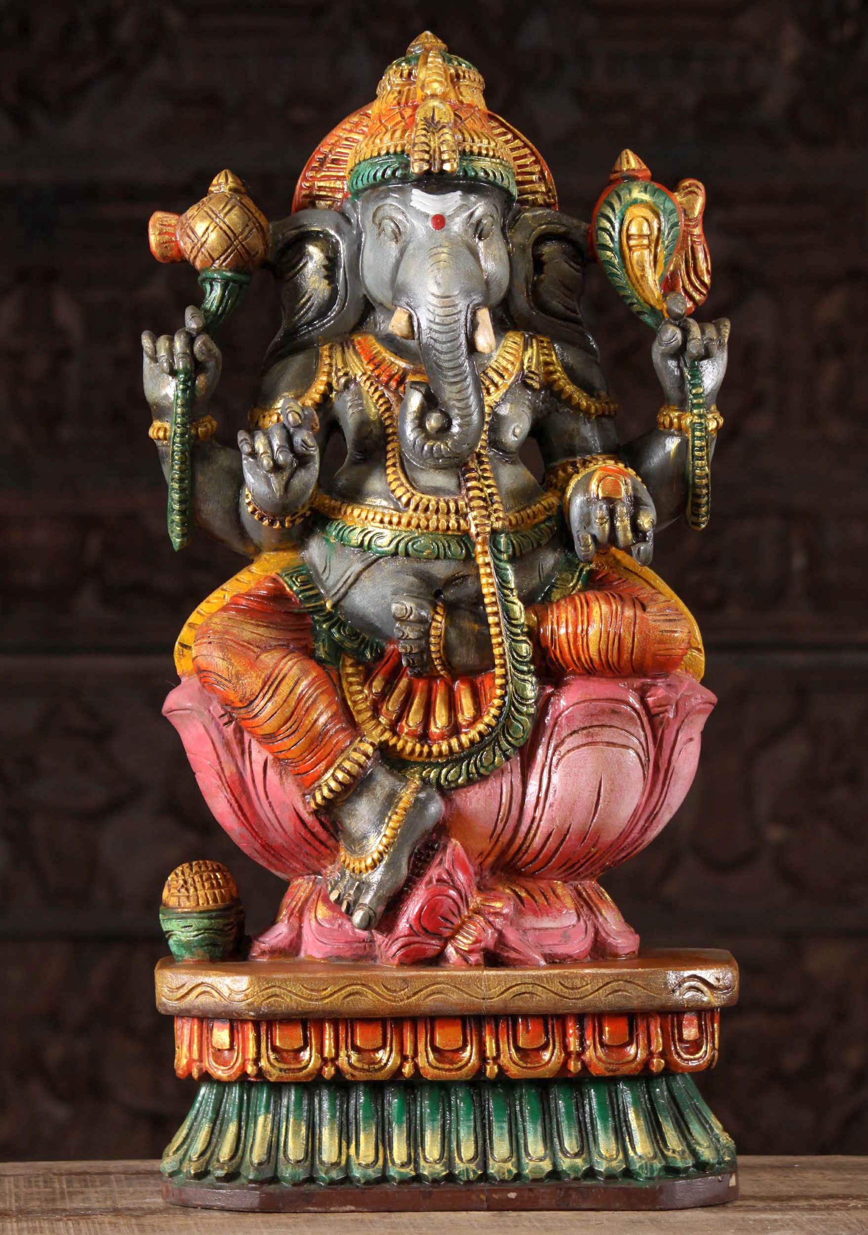 Wood Gray Ganesha Statue on Pink Lotus Base 24"