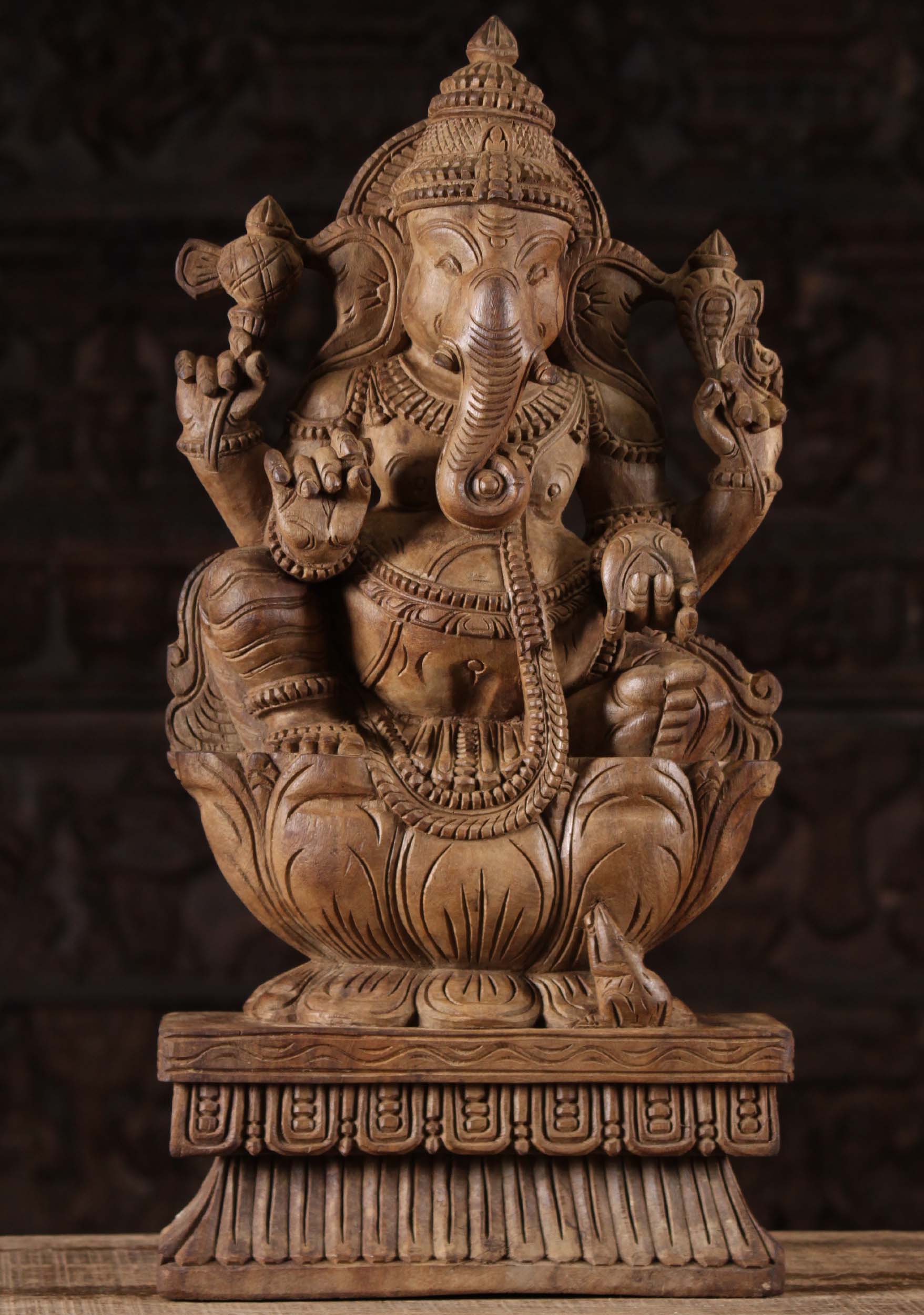 Wooden Ganesha Statue on Lotus Base  24"