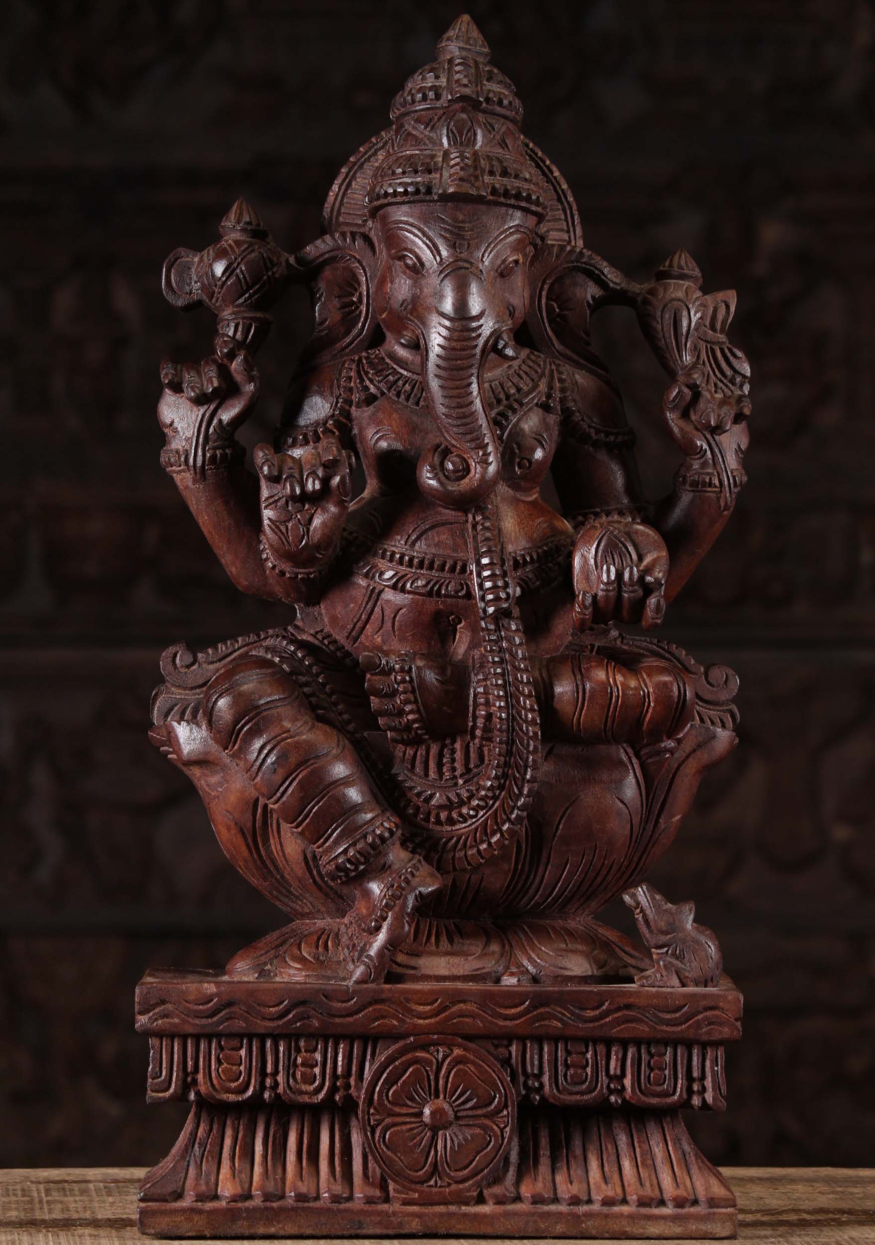 Wooden Seated Ganesha Statue 24"