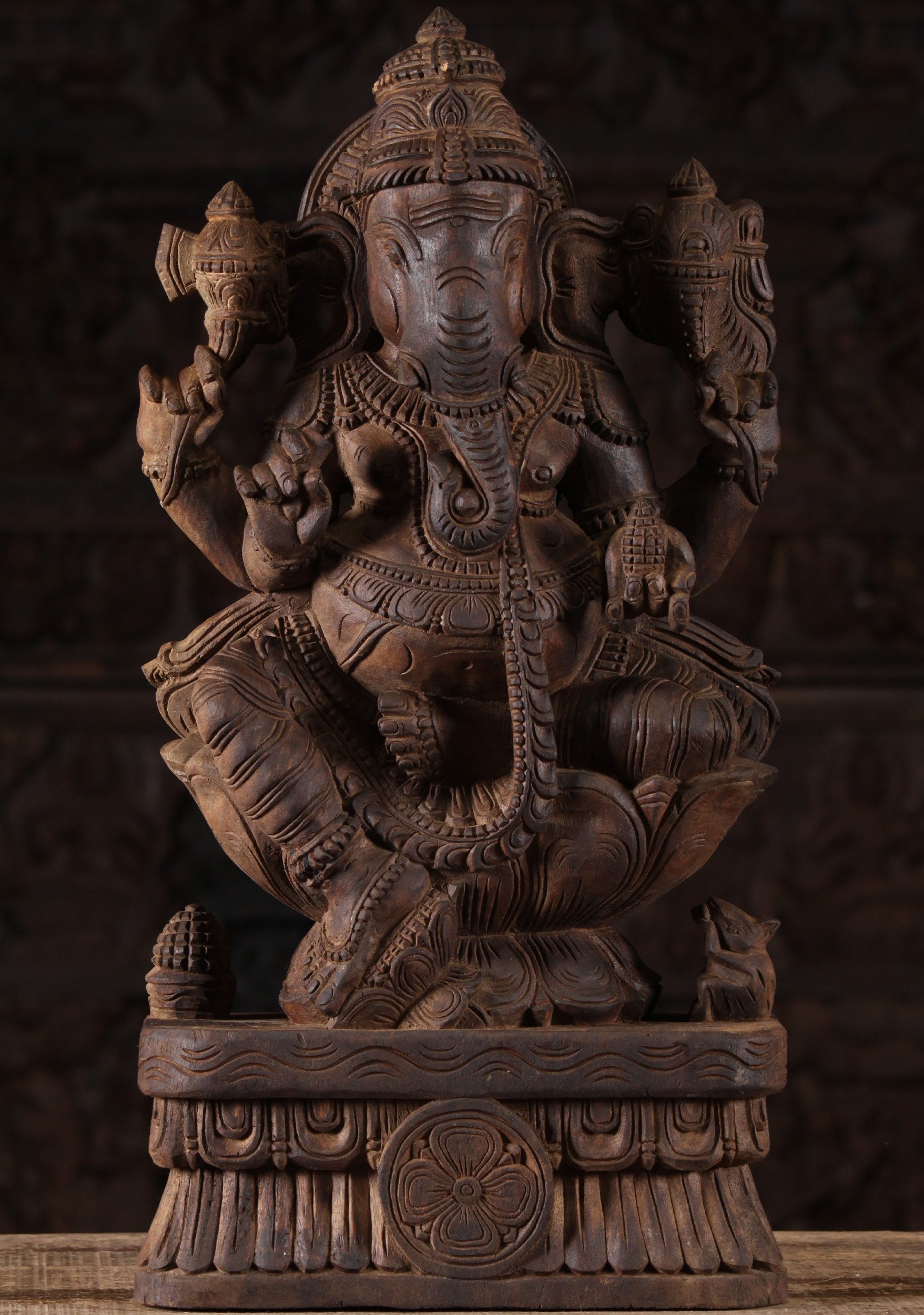 Wooden Ganesha Statue with Vahana Rat 24"