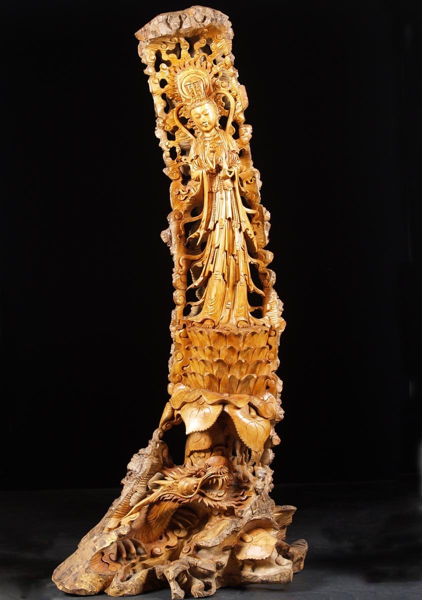 Wooden Kwan Yin Dragon Statue 54"