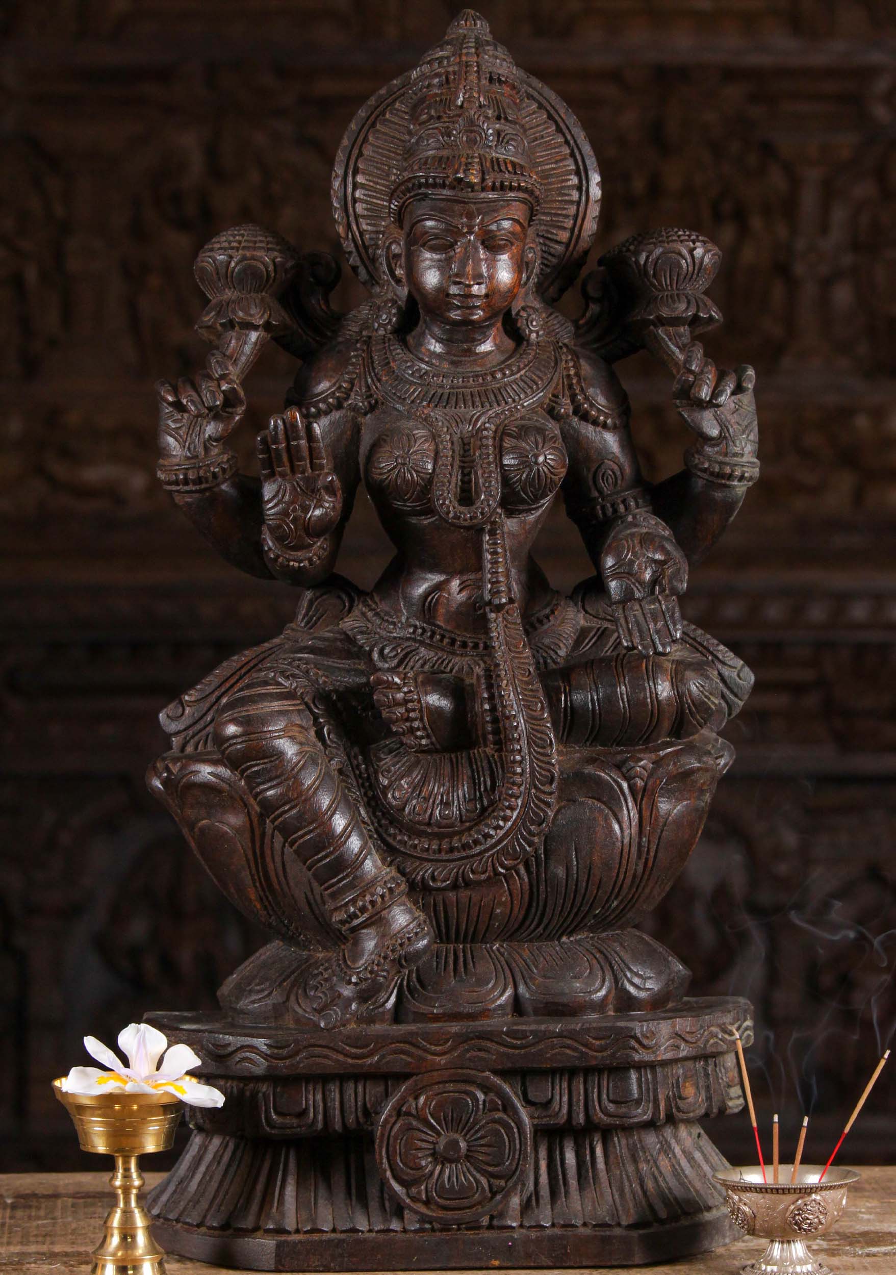 Wooden Lakshmi Holding Lotus Flowers 24"