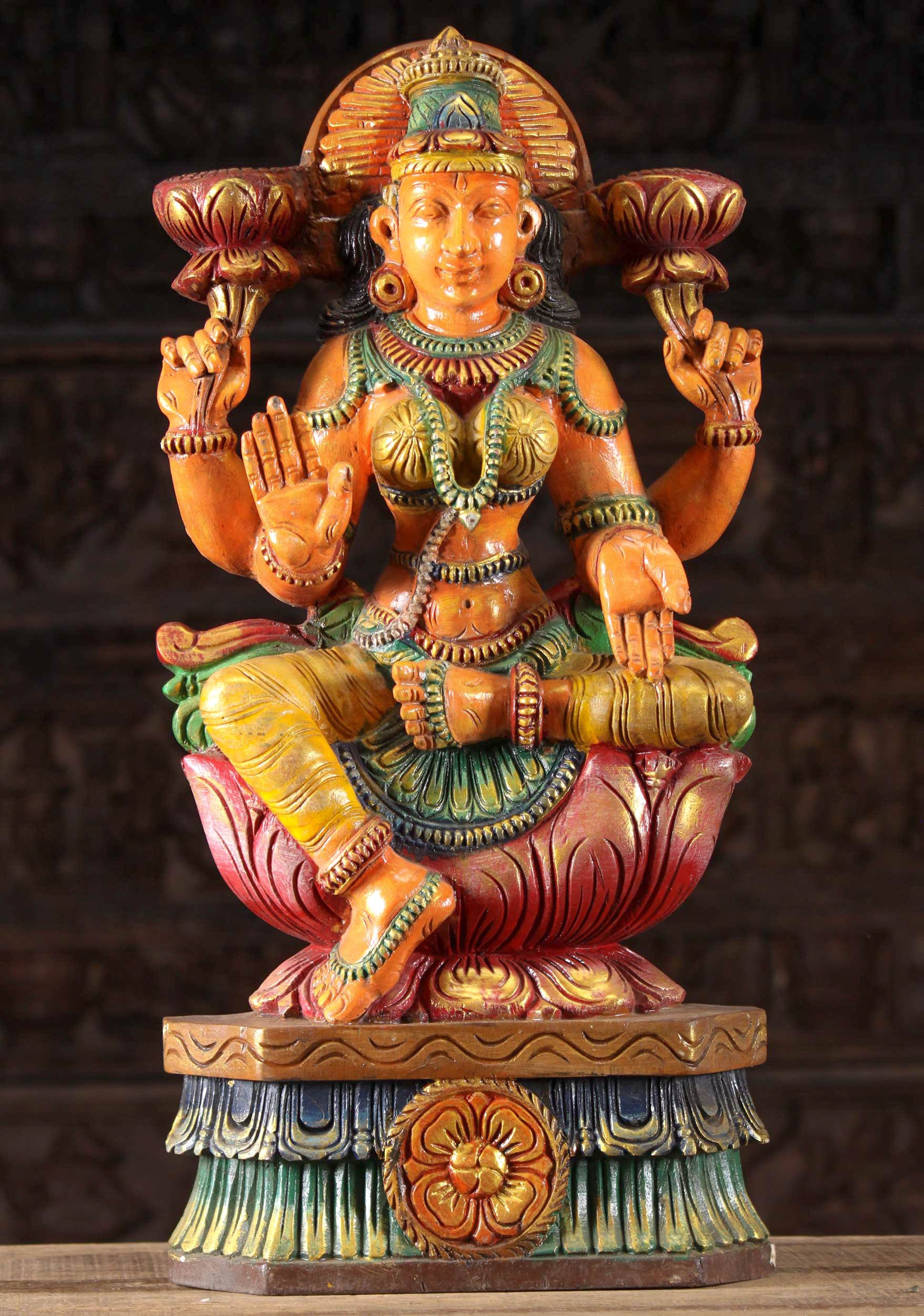 Wooden Lakshmi Holding Lotus Flowers 24"