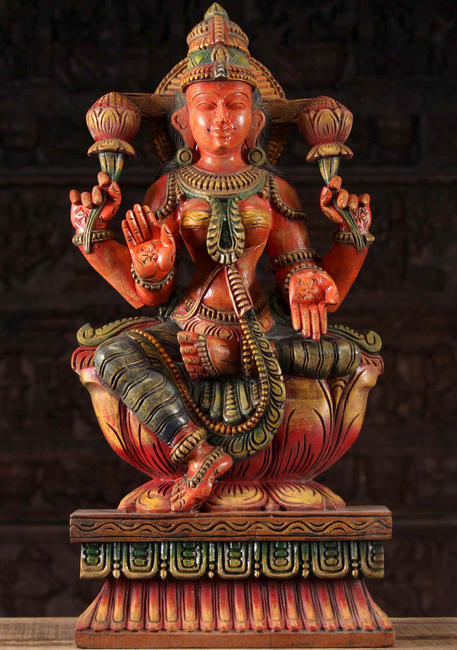 Wood Lakshmi Statue, Varada & Abhaya Mudra 24"