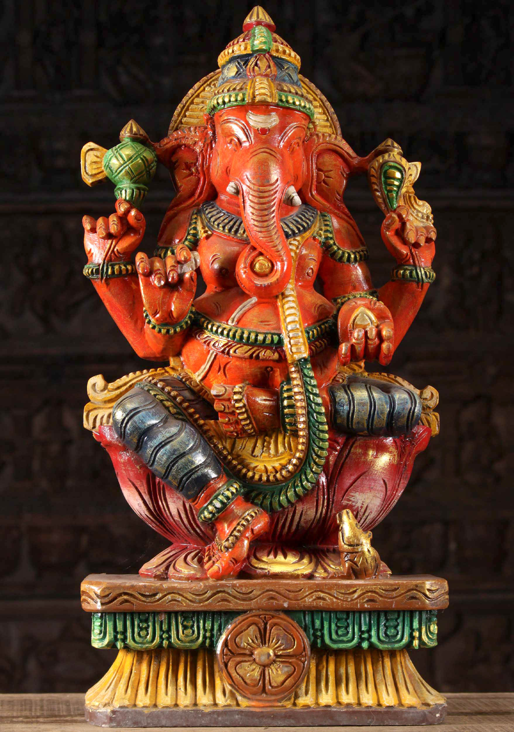 Wooden Red Ganapathi Sculpture 24"