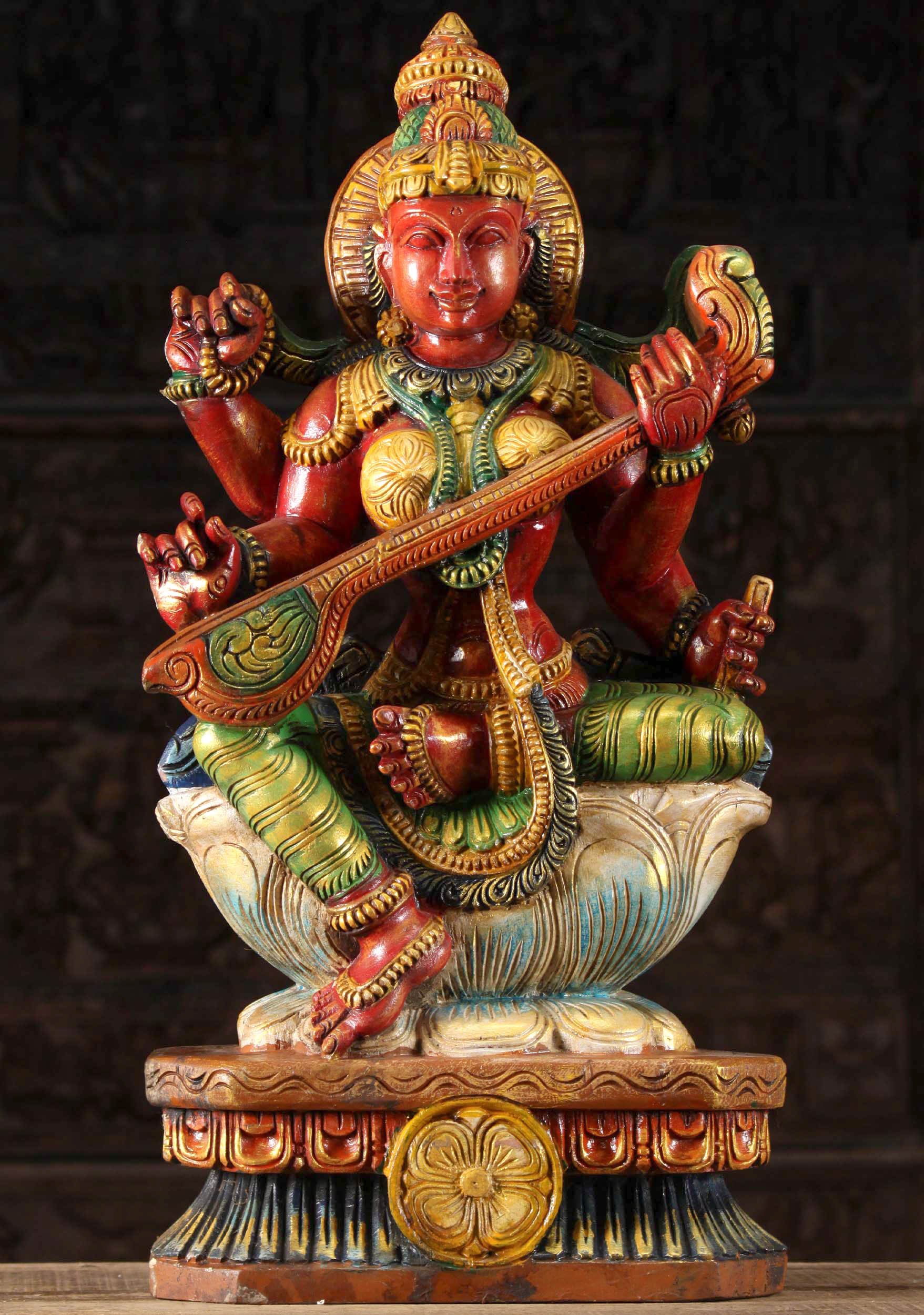 Wooden Saraswati Playing The Veena 24"