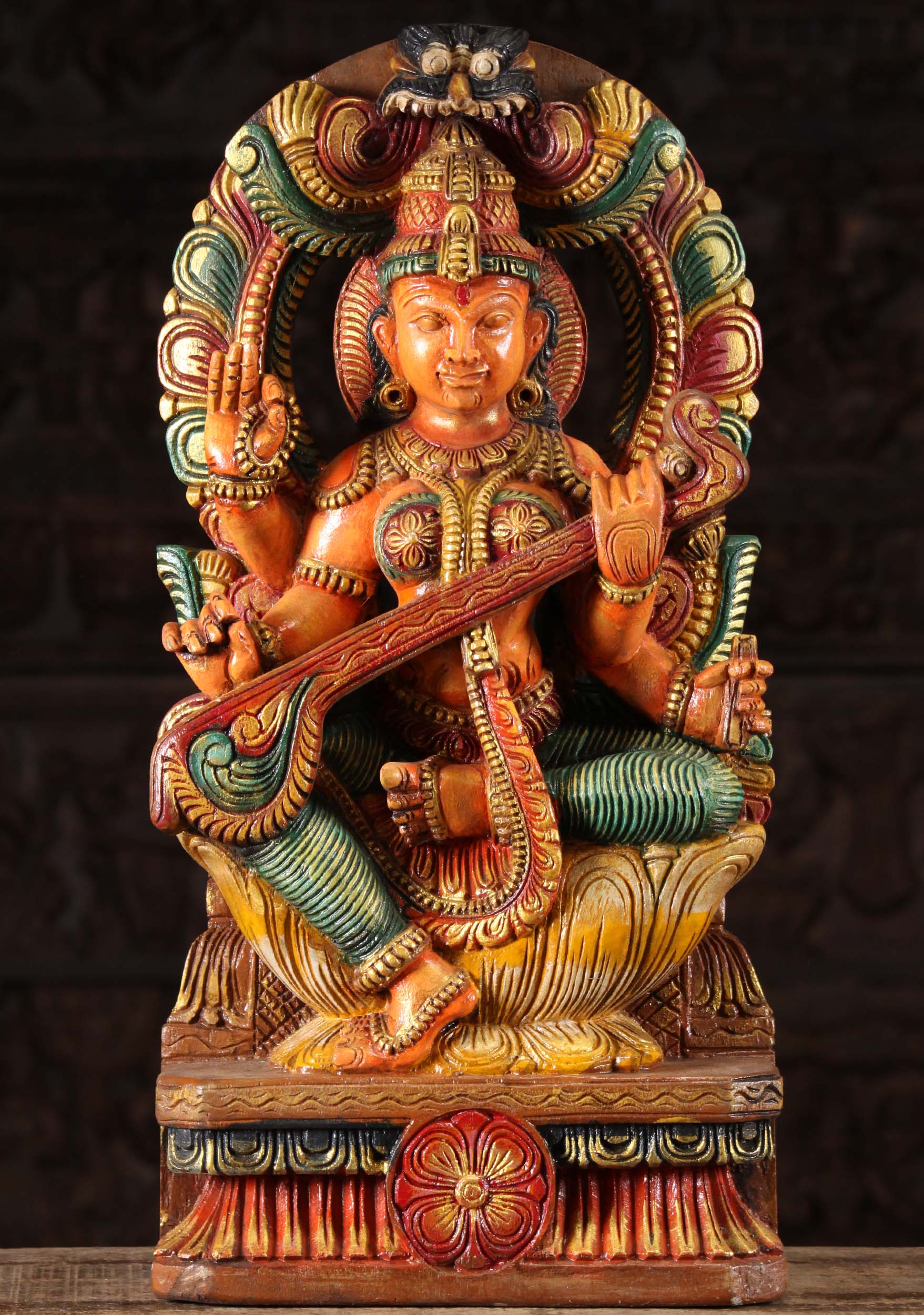 Wooden Saraswati with Arch Playing Veena 24"