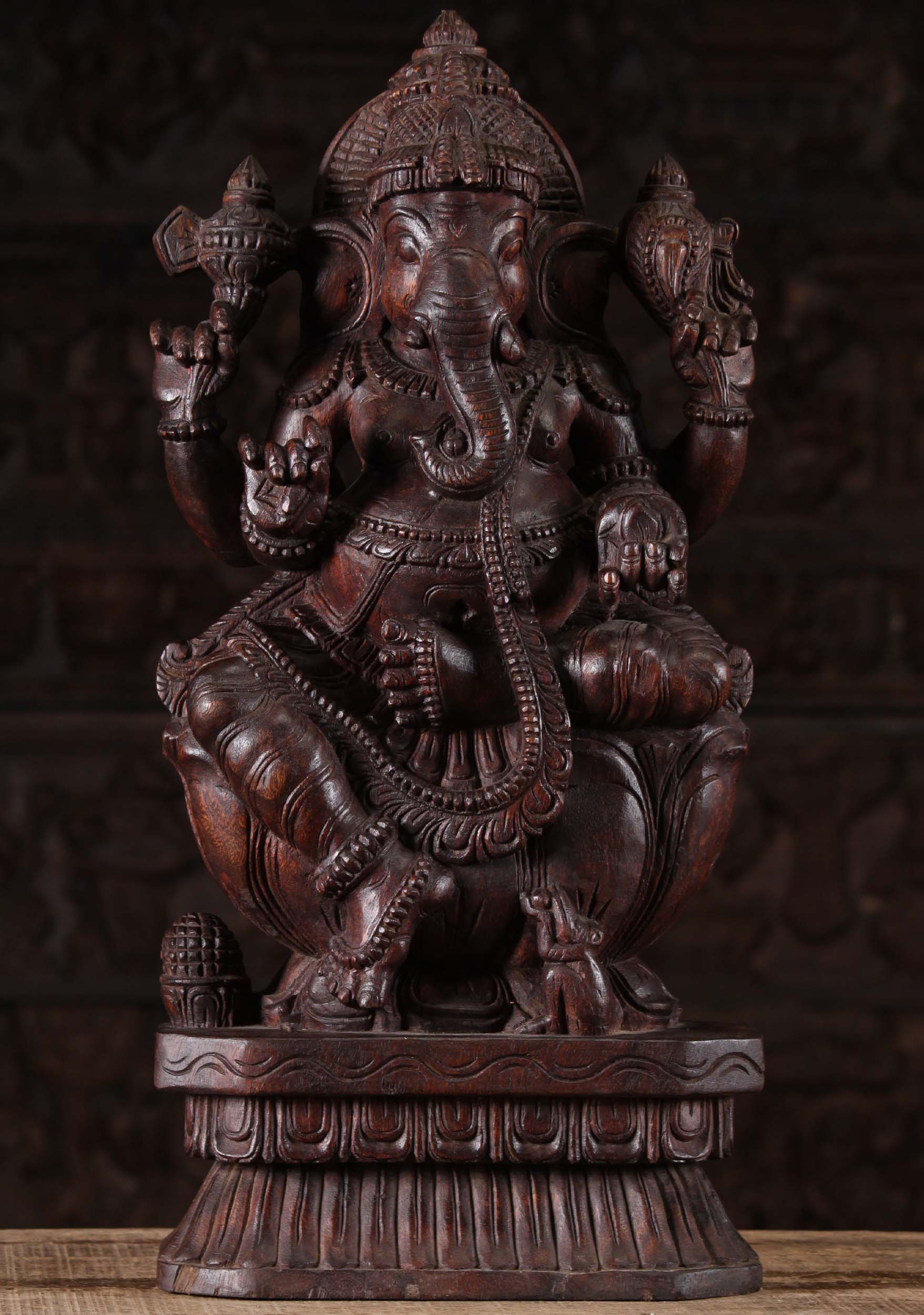 Wooden Seated Ganesha Holding Mango 24"