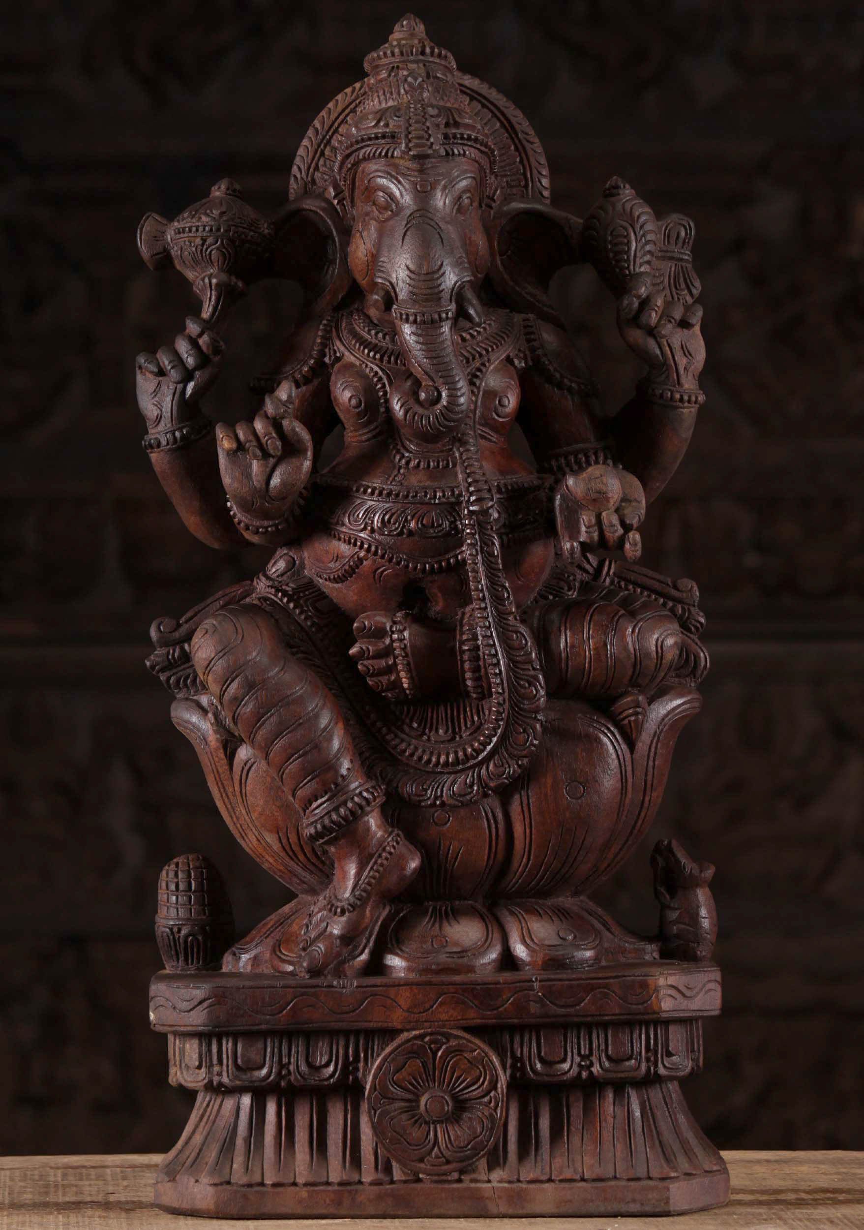 Wooden Seated Ganesha Sculpture 24"