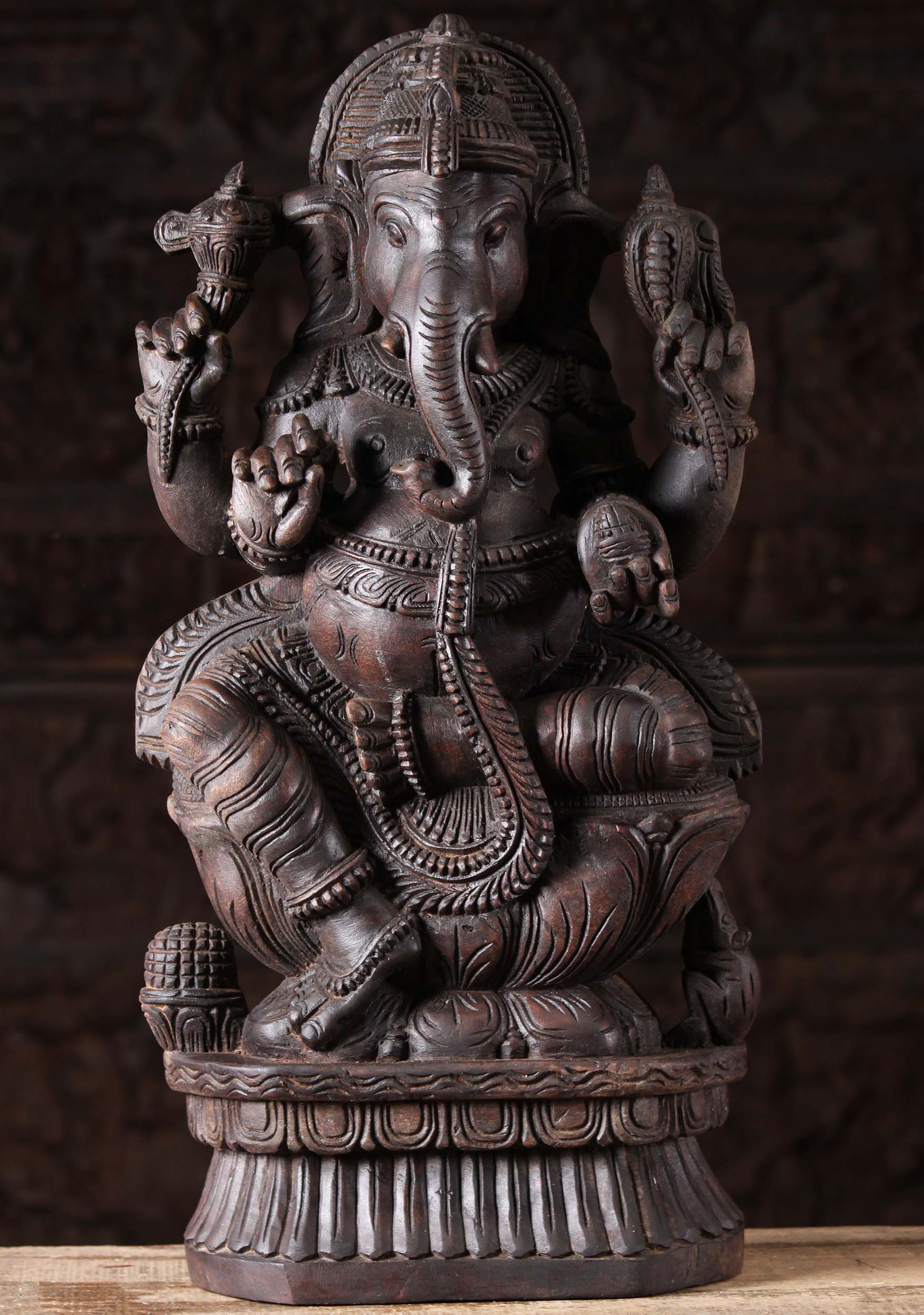 Wooden Seated Ganesha Statue 24"