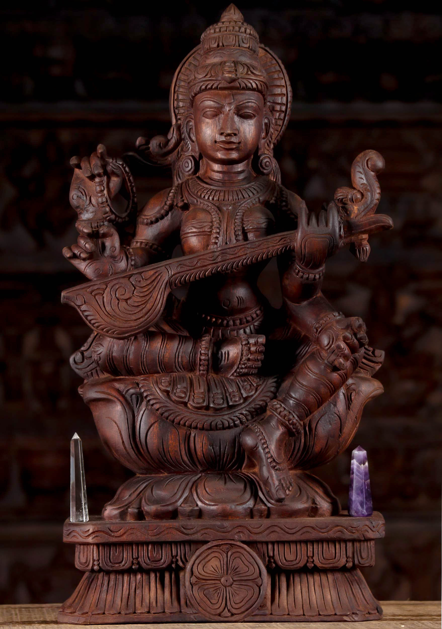 Wooden Seated Saraswati Playing Veena 24"