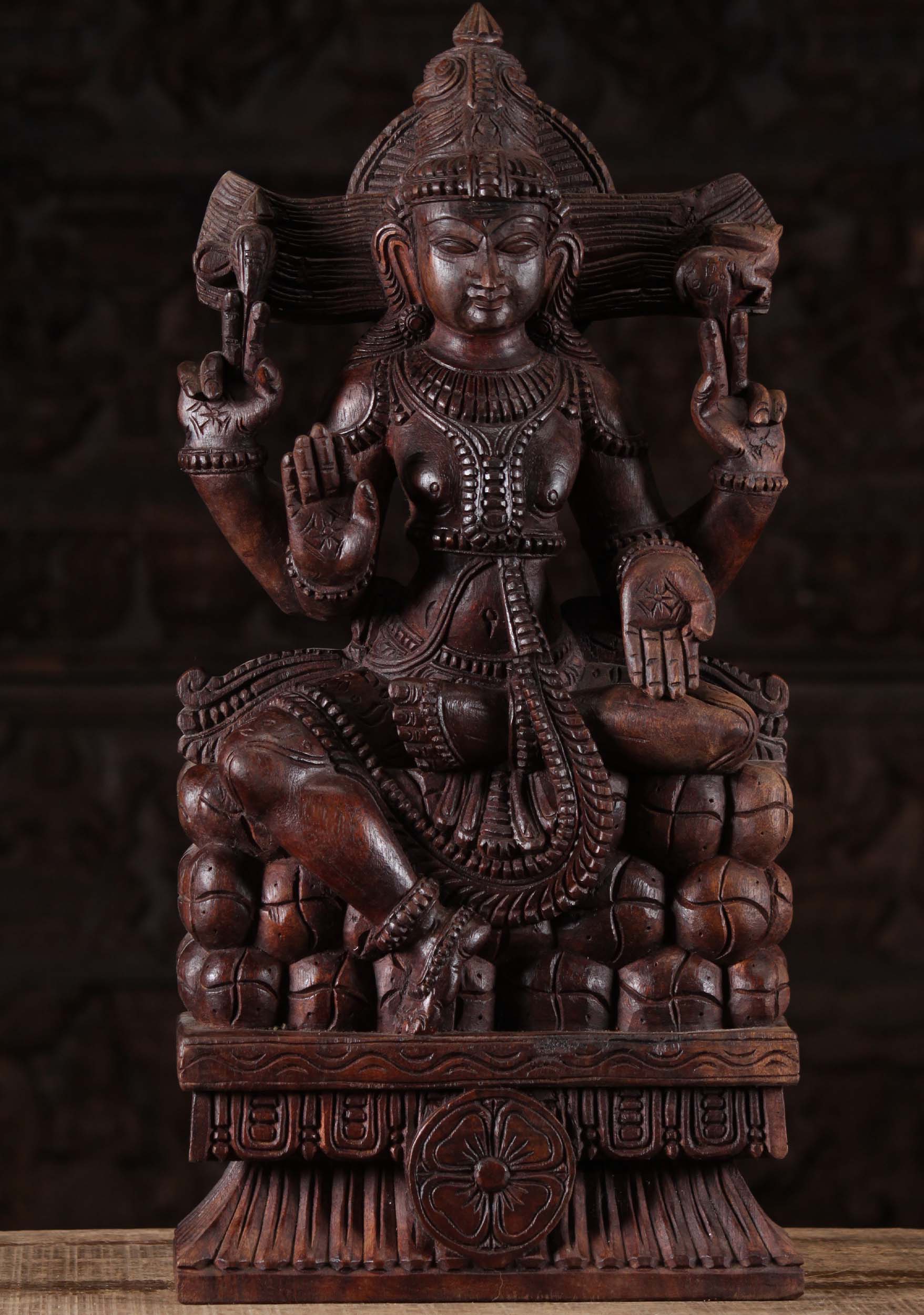 Wooden Hindu God Shiva Seated on Mount Kailash Holding Antelope & Axe 24"