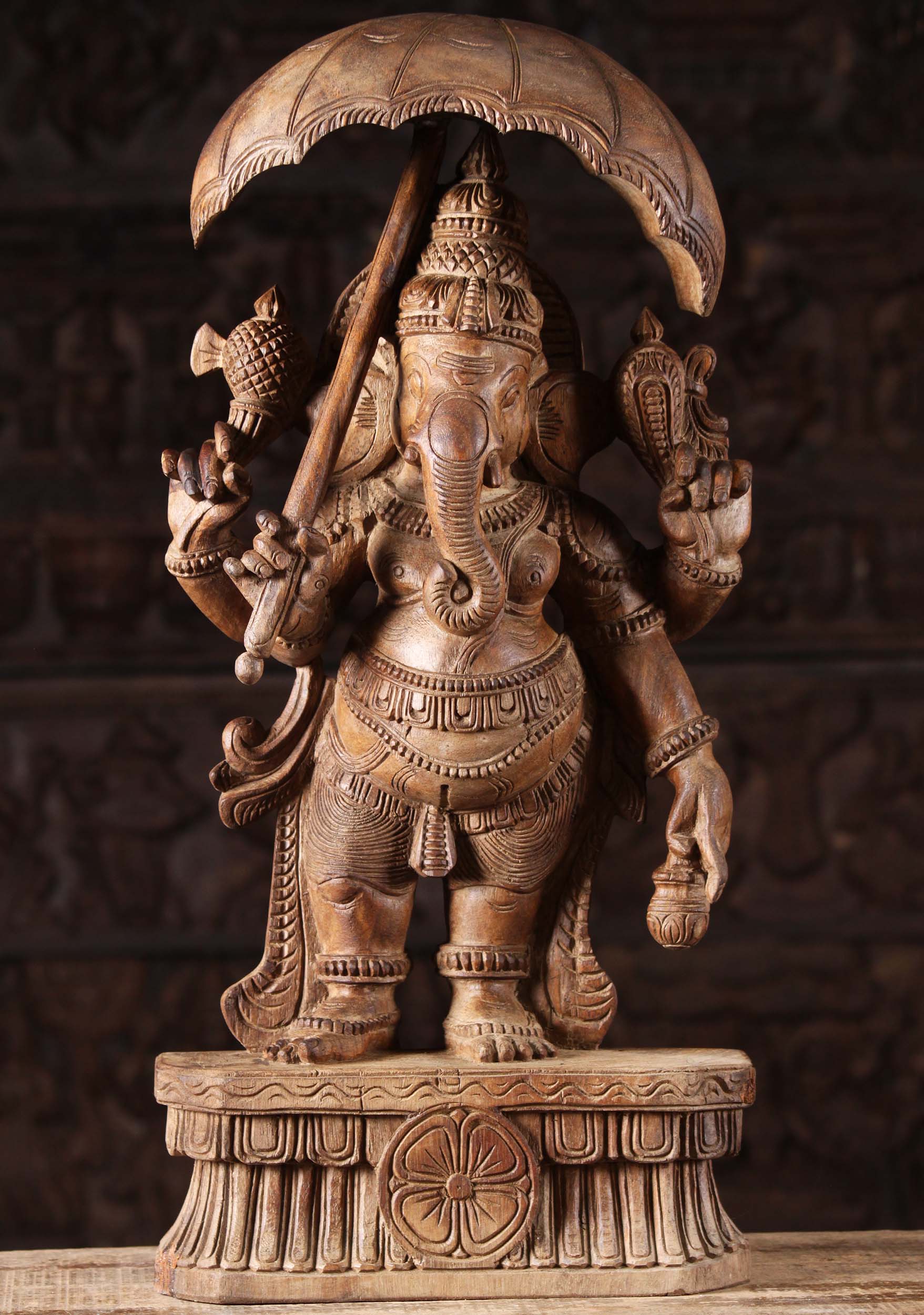 Wooden Umbrella Bridegroom Ganesha Statue 24"