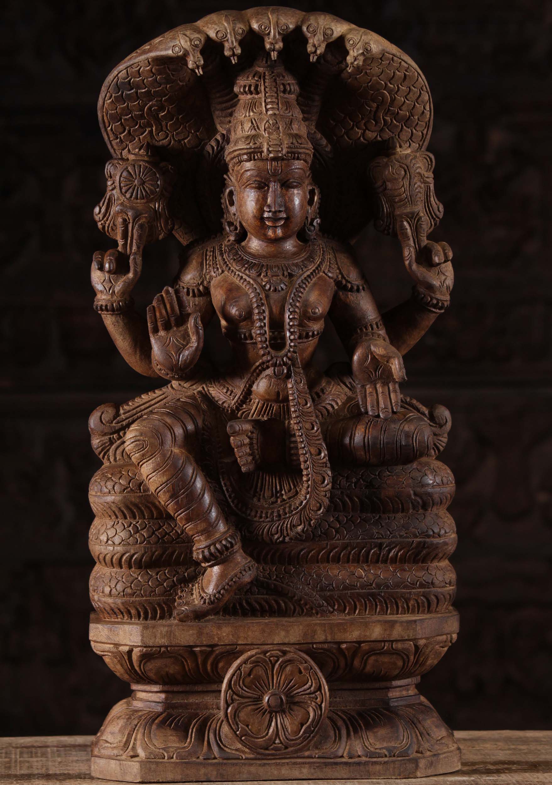 Wooden Vishnu Seated on Ananta Shesha 24"